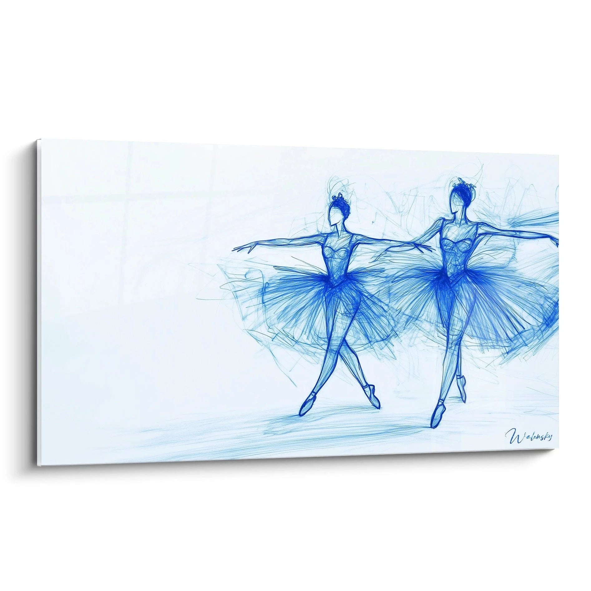 Un tableau Edgar Degas représentant deux ballerines stylisées en tutu, dessinées avec des lignes bleues dynamiques sur un fond blanc épuré, créant un effet de mouvement fluide et léger.