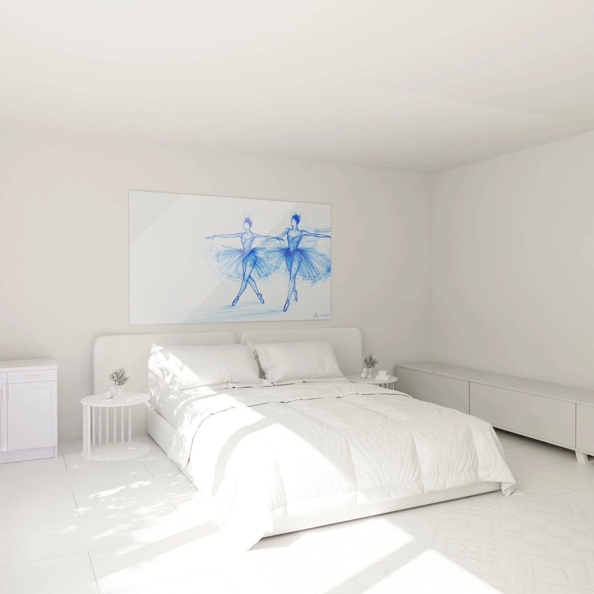 Tableau Edgar Degas illustrant deux danseuses en équilibre sur pointes, esquissées en bleu vif avec des contours fluides et des textures superposées qui forment des jupes vaporeuses.