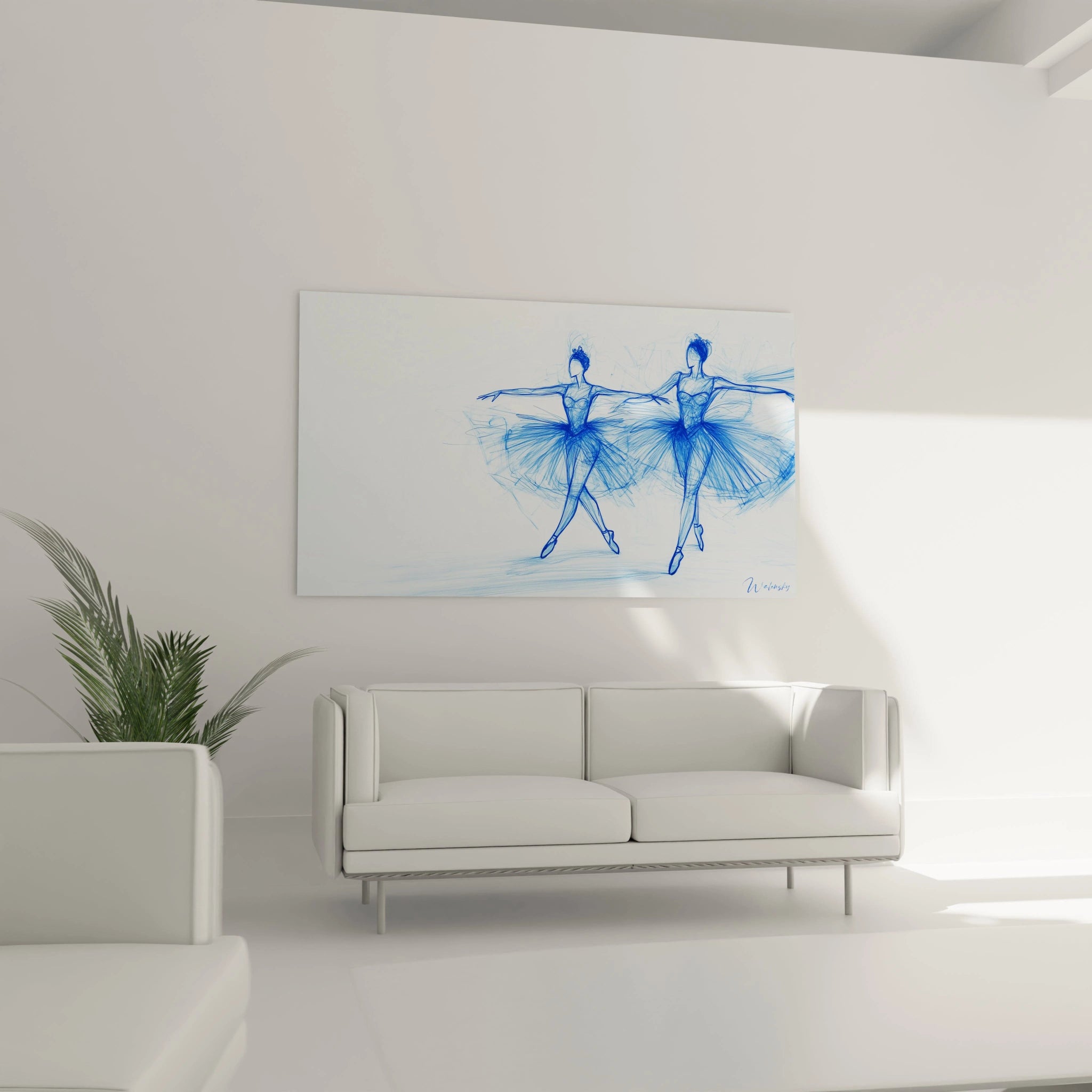 Un tableau Edgar Degas montrant deux figures de ballerines aux silhouettes élancées, réalisées en traits bleus fins sur un fond blanc, avec des effets de lignes entrecroisées pour évoquer le mouvement.