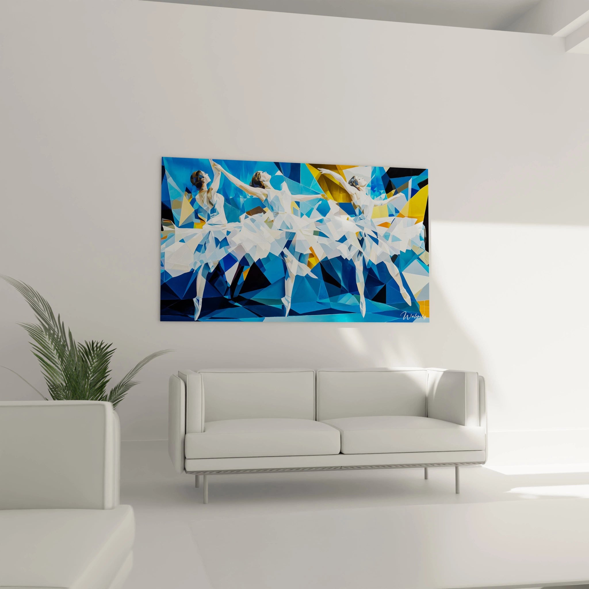 Ce tableau Edgar Degas présente des figures de ballerines abstraites, avec des teintes de bleu vif, de blanc éclatant et d'orange. Les textures sont lisses avec des surfaces anguleuses et segmentées.