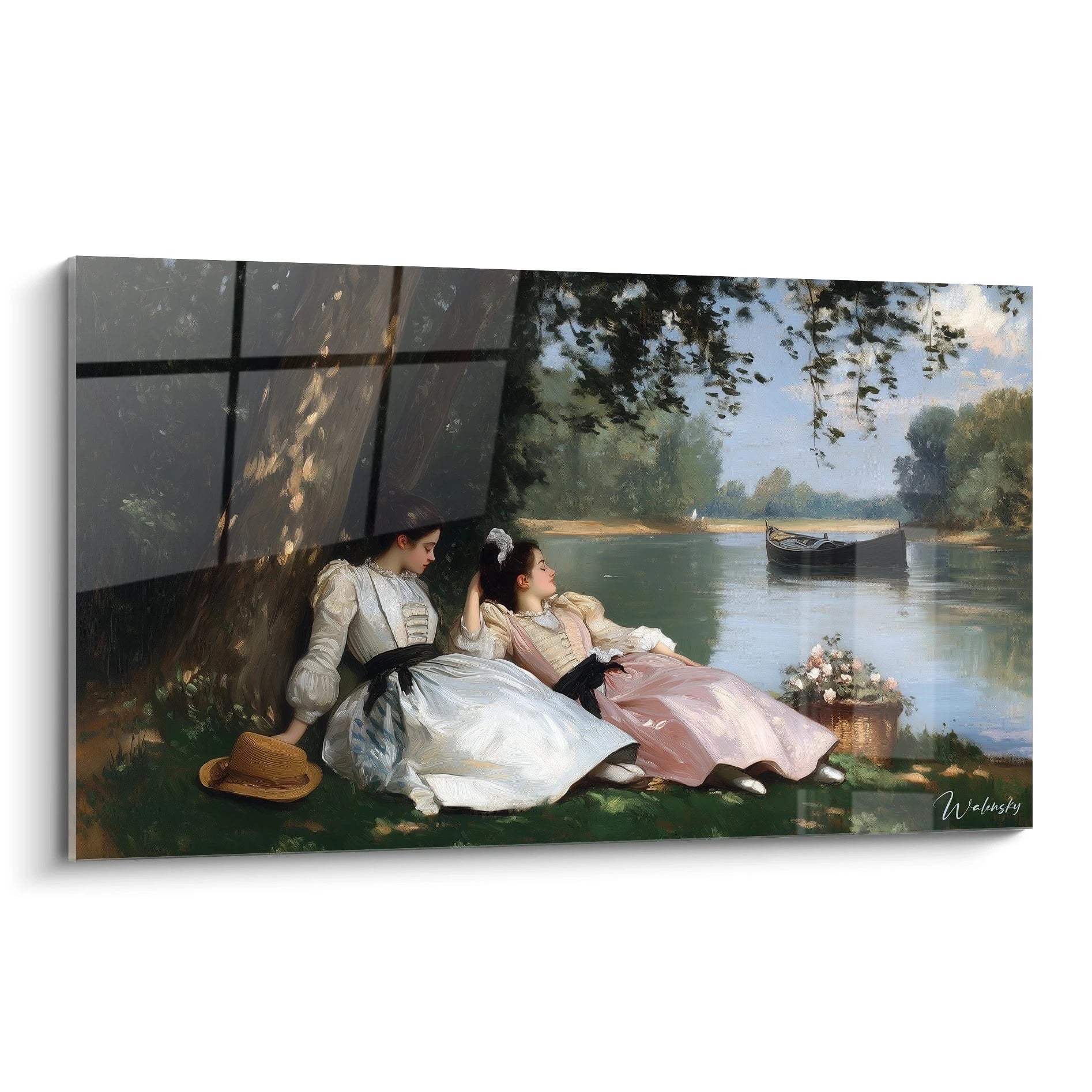 Un tableau Gustave Courbet représentant deux femmes assises sous un arbre, habillées de blanc et de rose, avec un panier de fleurs et une rivière calme en arrière-plan aux tons bleus et verts.