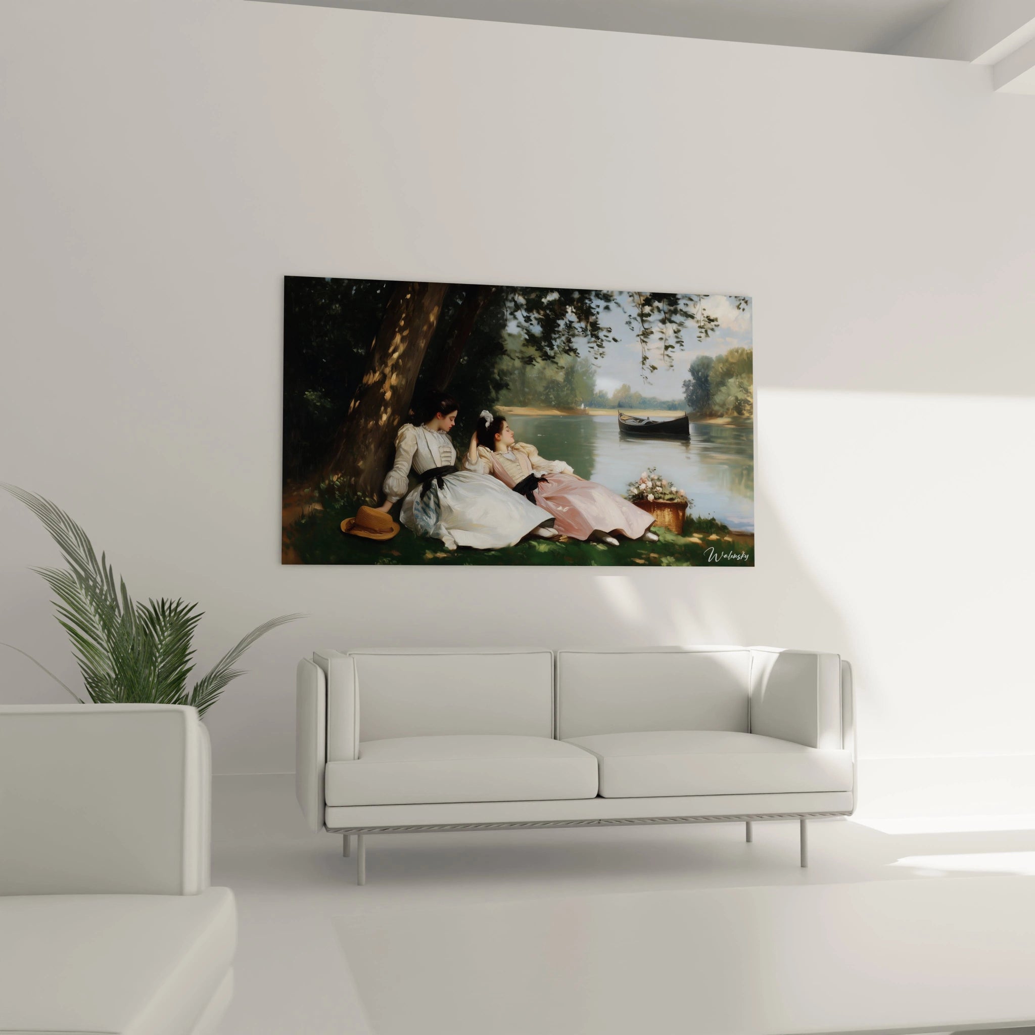 Un tableau Gustave Courbet où deux femmes en robes claires se reposent au bord d’une rivière. Les teintes principales incluent le vert sombre, le bleu de l’eau et le beige des reflets lumineux.