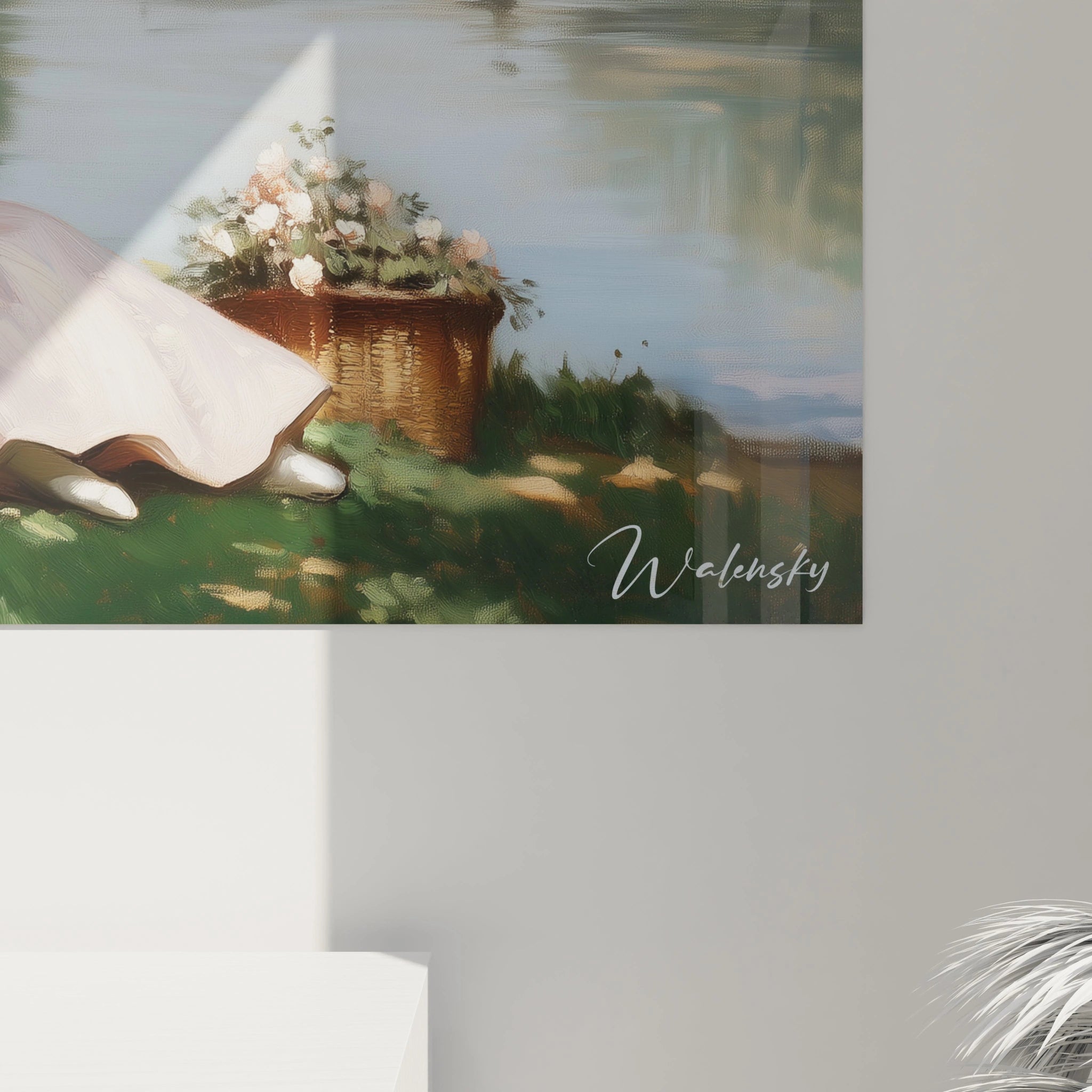 Un tableau Gustave Courbet mettant en avant un paysage naturel avec un arbre ombragé, une rivière paisible et une barque noire à l’arrière-plan, dans des tons bleus, verts et beige clair.