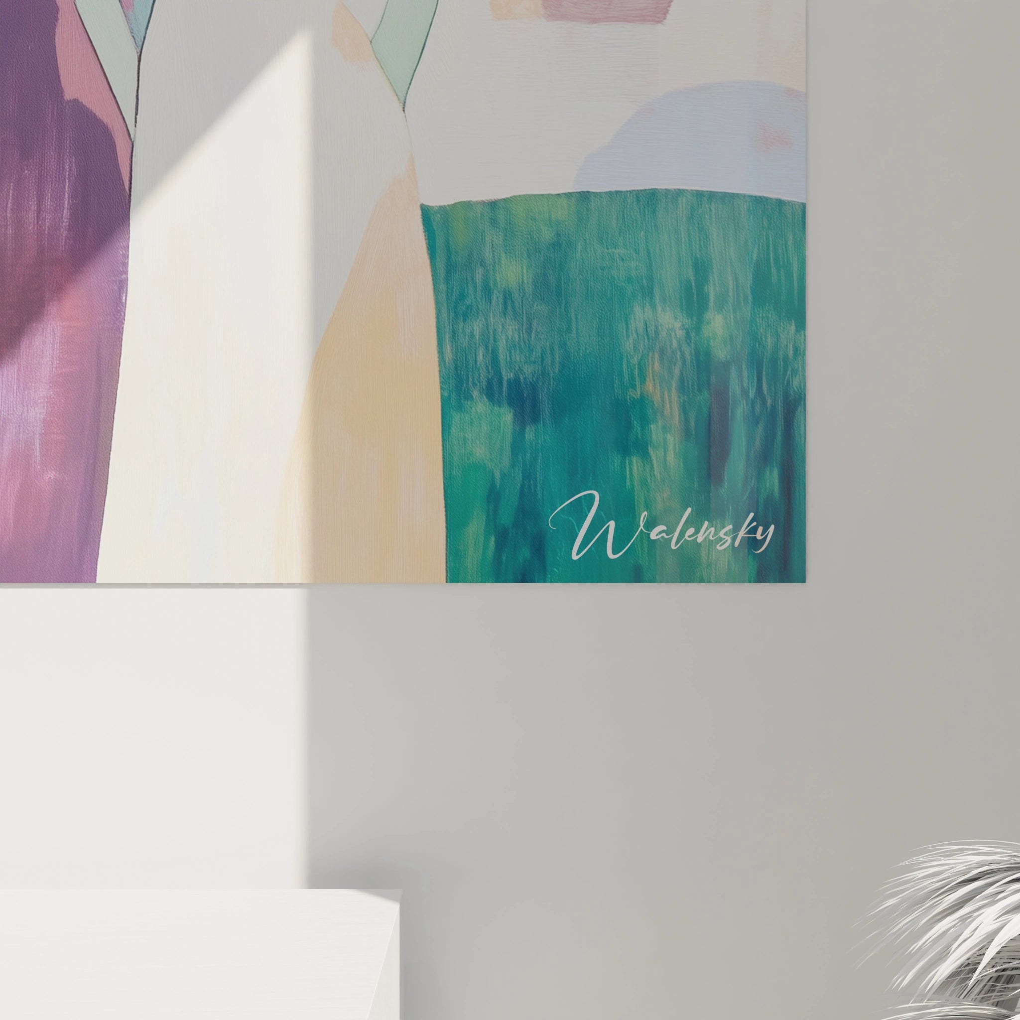 DĂ©tail dâun tableau Gustave Courbet mettant en avant des lignes Ă©purĂ©es, des silhouettes fĂ©minines et un arriĂšre-plan abstrait multicolore incluant vert, rose et jaune.