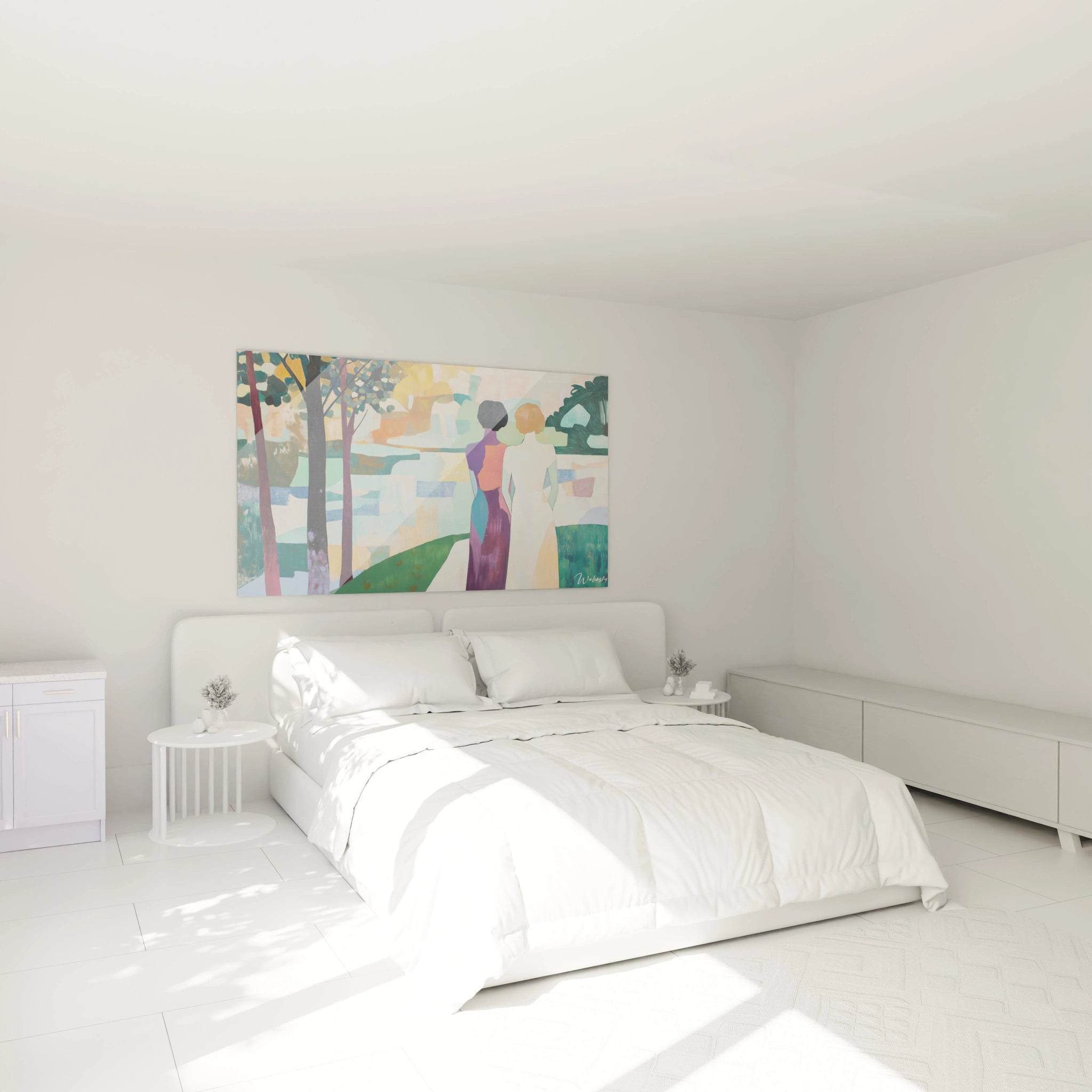 Tableau Gustave Courbet reprĂ©sentant deux figures fĂ©minines debout, entourĂ©es dâarbres stylisĂ©s et de blocs de couleurs vives, notamment jaune, violet et vert.