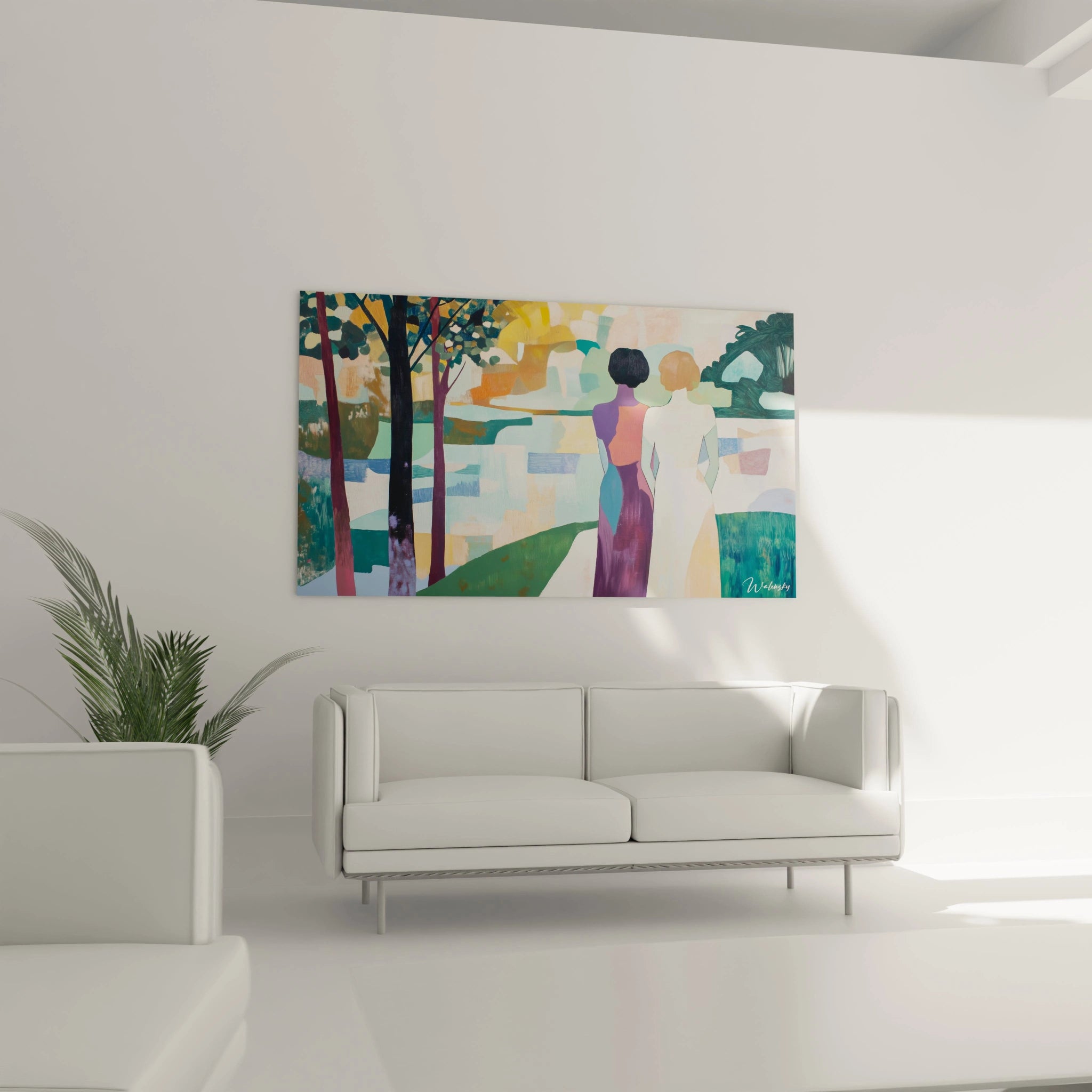 Un tableau Gustave Courbet prĂ©sentant des formes simplifiĂ©es de deux femmes au bord de lâeau, dans un paysage texturĂ© aux teintes de bleu clair, beige, et orange doux.