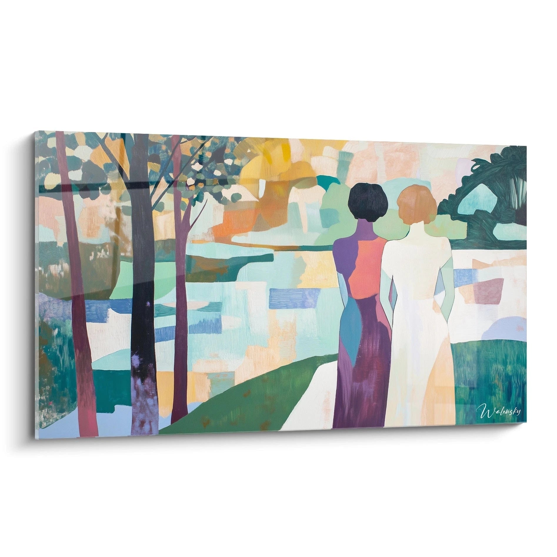 Un tableau Gustave Courbet montrant deux silhouettes féminines de dos, avec des couleurs dominantes pastel, telles que rose, vert, et bleu, et des textures lisses et uniformes.