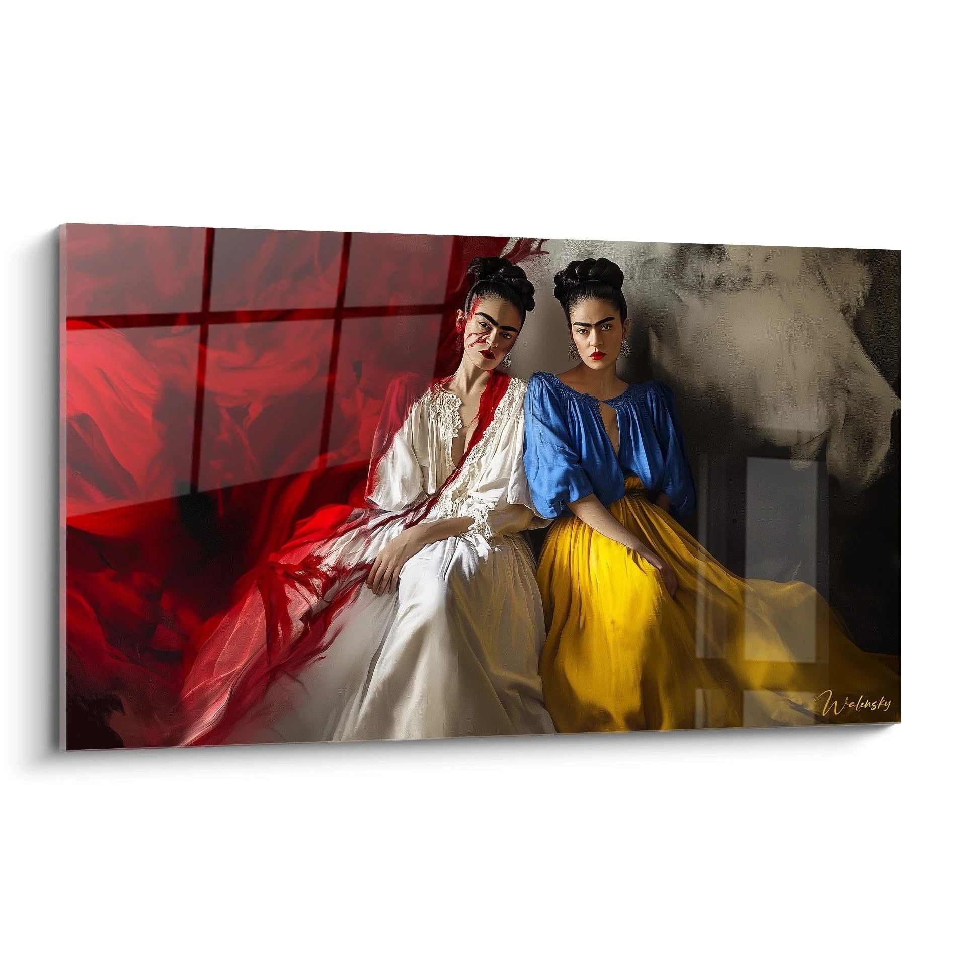 Un tableau Frida Kahlo montrant deux figures avec des robes blanches et jaunes, un fond rouge et bleu, et des textures lisses contrastant avec les éléments abstraits de couleur vive.