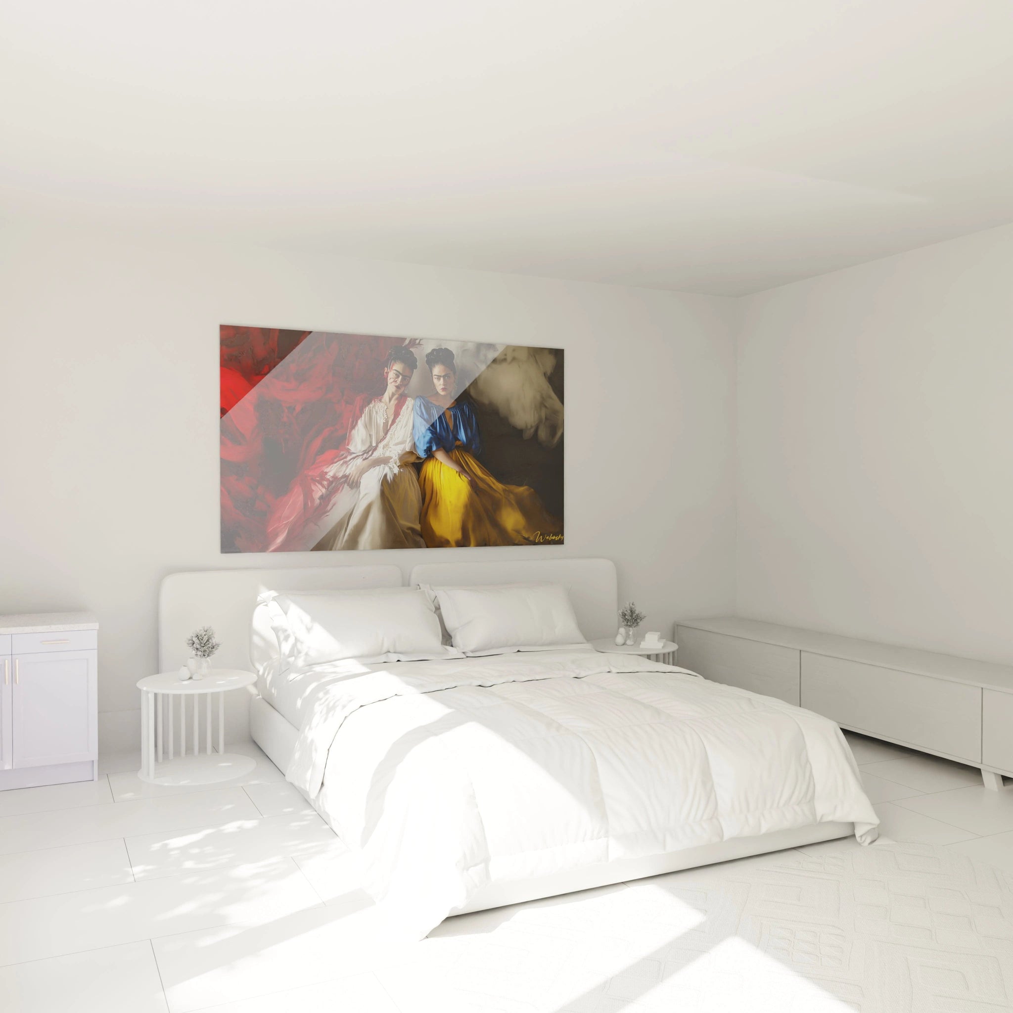 Tableau Frida Kahlo présentant deux personnages assis, l’un en robe blanche, l’autre en bleu et jaune, avec des arrière-plans rouges et noirs, créant un contraste visuel dynamique.