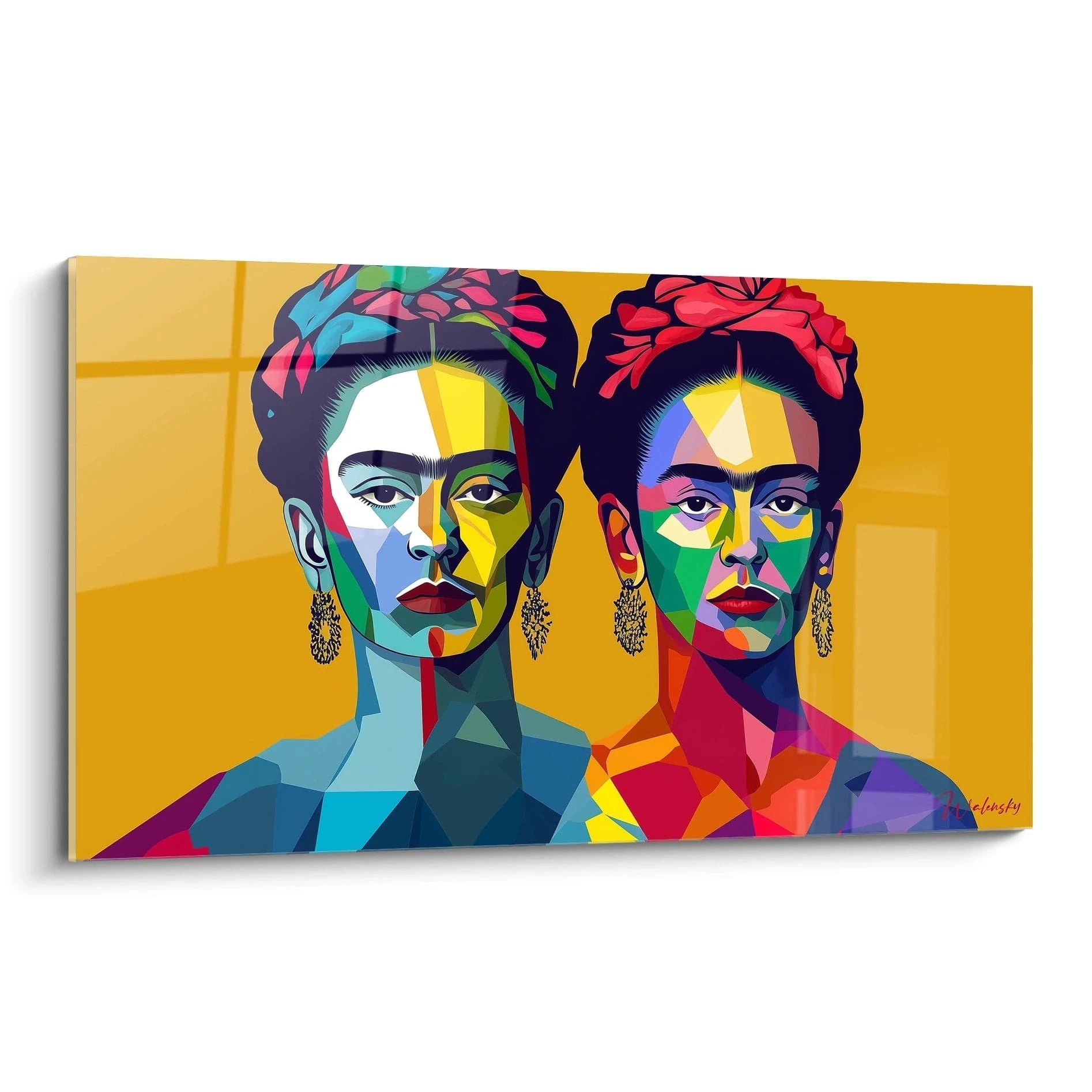 Un tableau Frida Kahlo représentant deux portraits symétriques avec des couleurs vives comme le rouge, le bleu, et le jaune, et des formes géométriques divisant le visage en sections nettes.