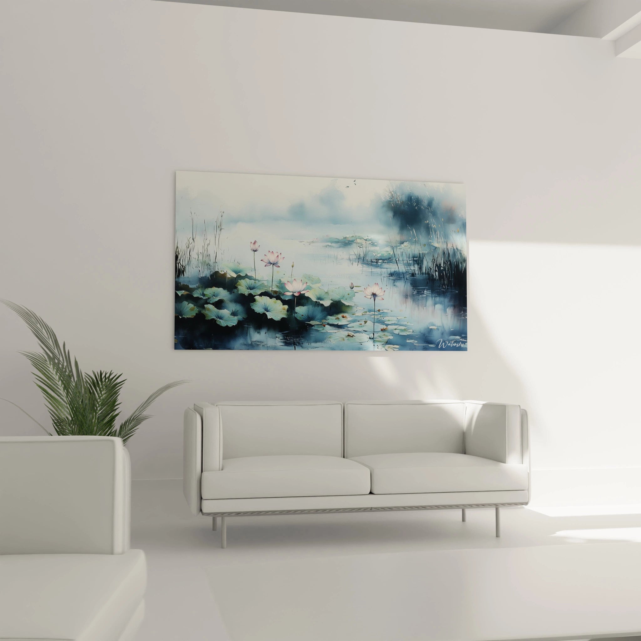 Tableau Claude Monet montrant des lotus roses flottant sur l'eau, entourés de feuillages verts et d'un arrière-plan brumeux dans des teintes bleues et vertes, avec des reflets lisses.