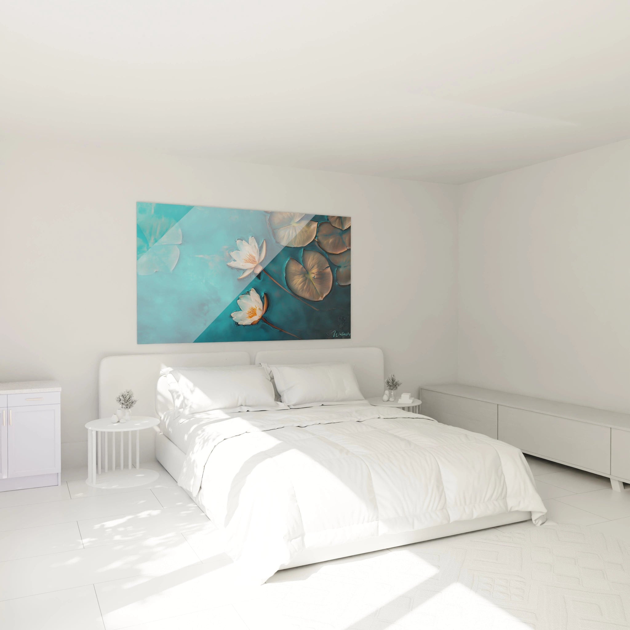 Des fleurs de lotus et des feuilles larges en beige et vert sont disposées sur un fond d’eau bleu vibrant, dans un tableau Claude Monet.