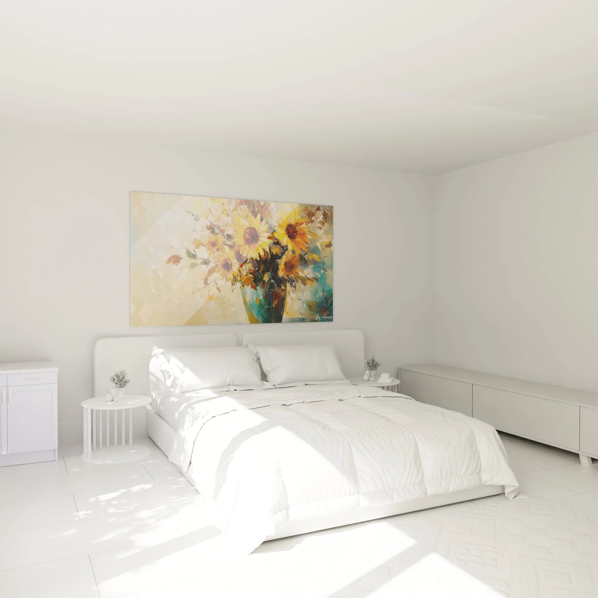 Un tableau Vincent Van Gogh montrant un vase de tournesols, utilisant des tons jaunes, verts et marron, avec des reliefs texturés et des lignes dynamiques.