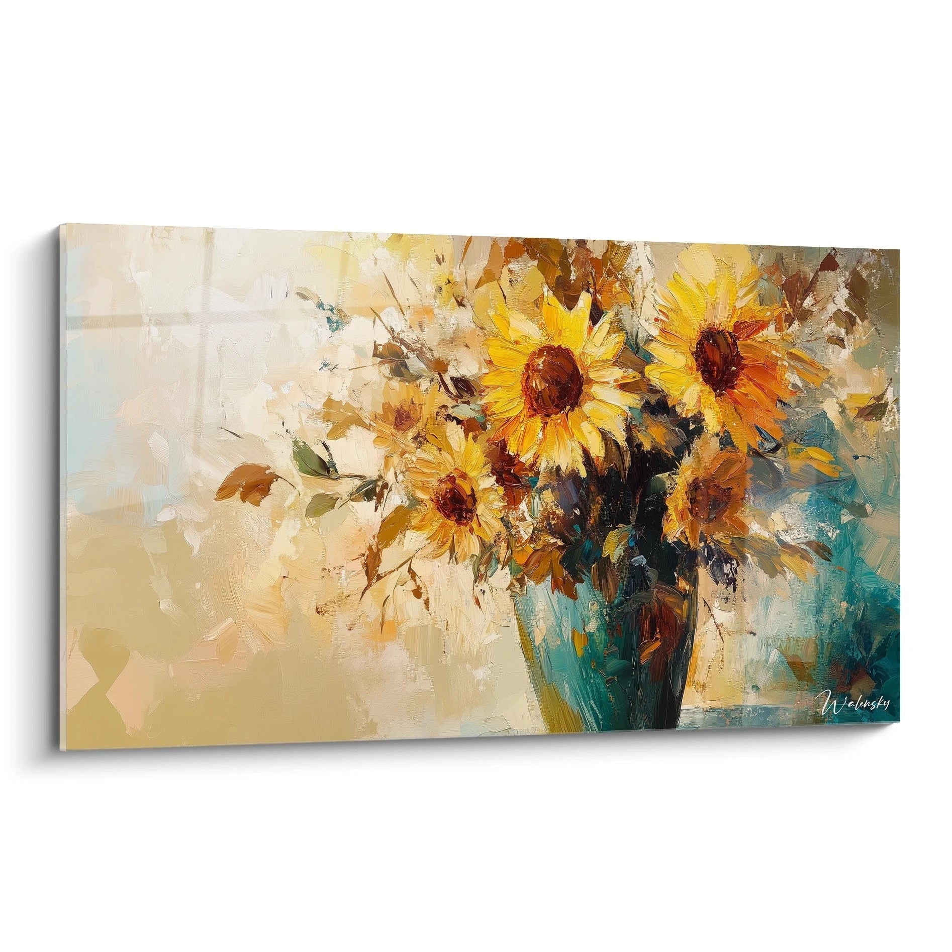 Un tableau Vincent Van Gogh représentant des tournesols, avec des teintes jaunes vives, marron et vertes, des textures épaisses et des coups de pinceau visibles.