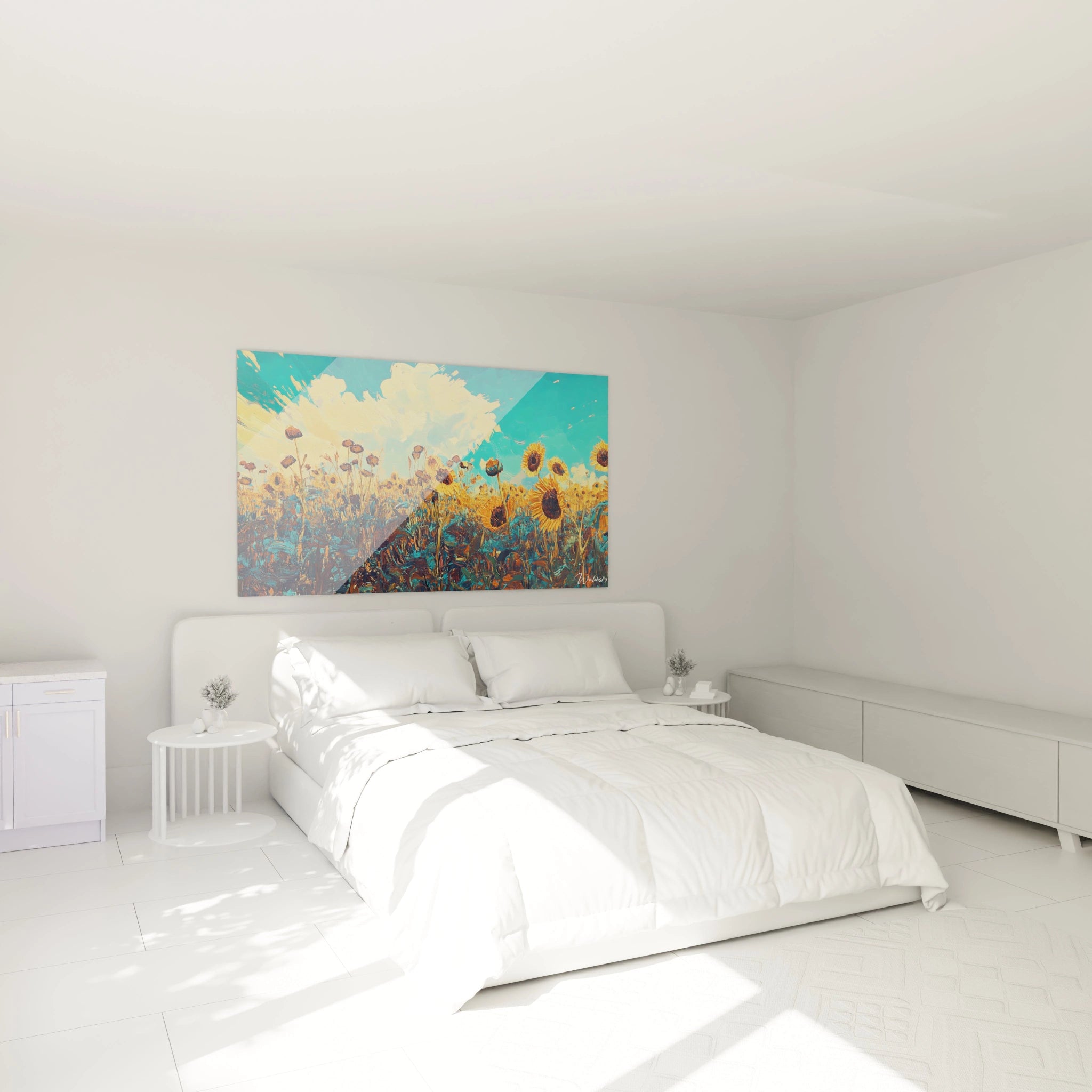 Un tableau Vincent Van Gogh montrant des tournesols dans un paysage ouvert, avec des reliefs texturés et des nuances de jaune vif, bleu ciel et vert profond.