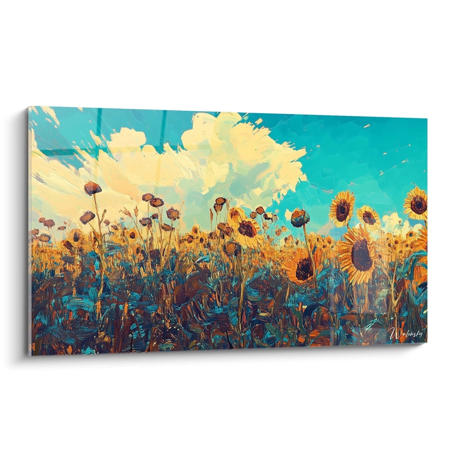 Un tableau Vincent Van Gogh représentant un champ de tournesols sous un ciel bleu lumineux, avec des teintes jaunes, bleues et vertes, et des textures de peinture épaisses et dynamiques.