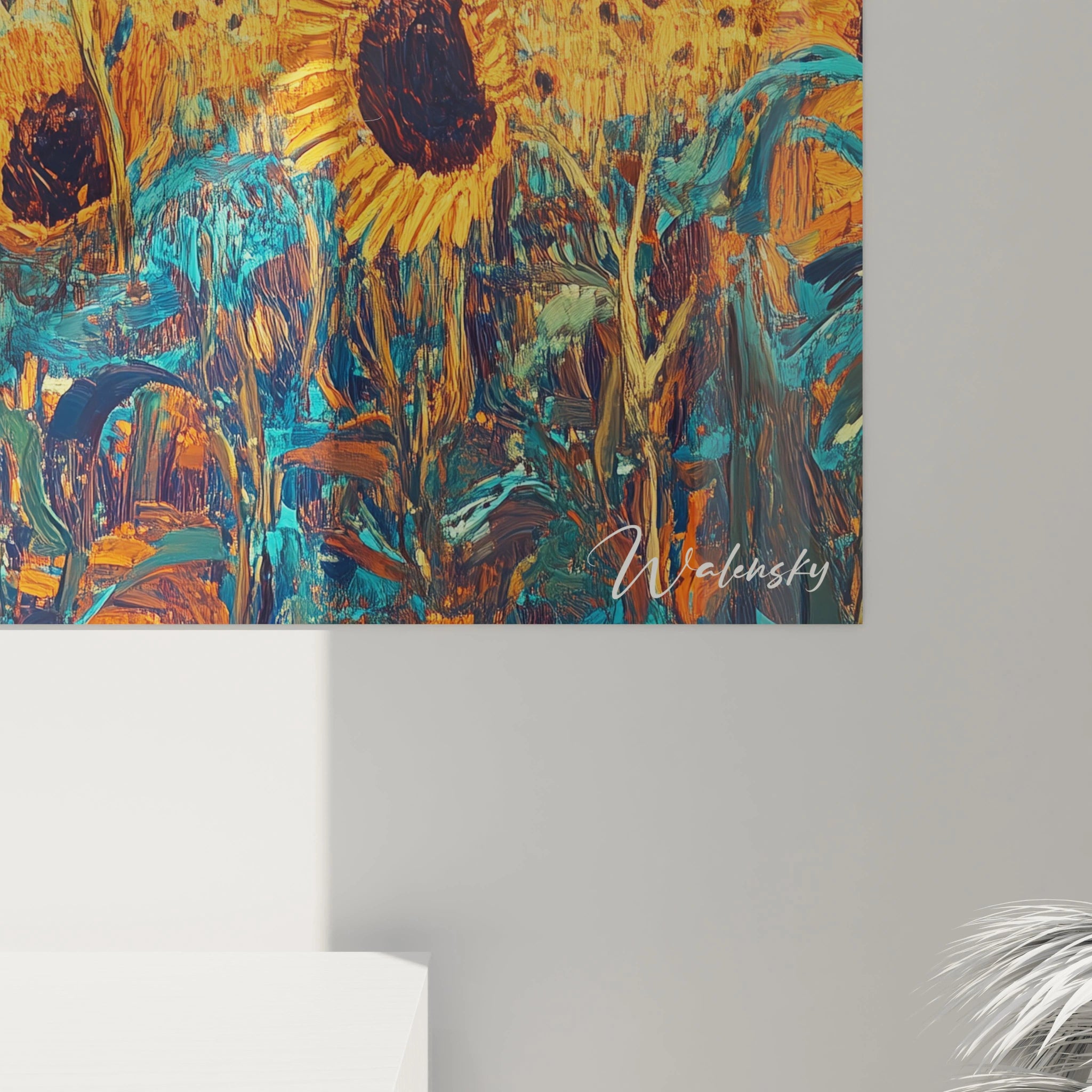 Un tableau Vincent Van Gogh illustrant un champ de tournesols texturés, combinant des couleurs vibrantes comme le jaune, le bleu et le vert, et des effets visuels de superposition de peinture.