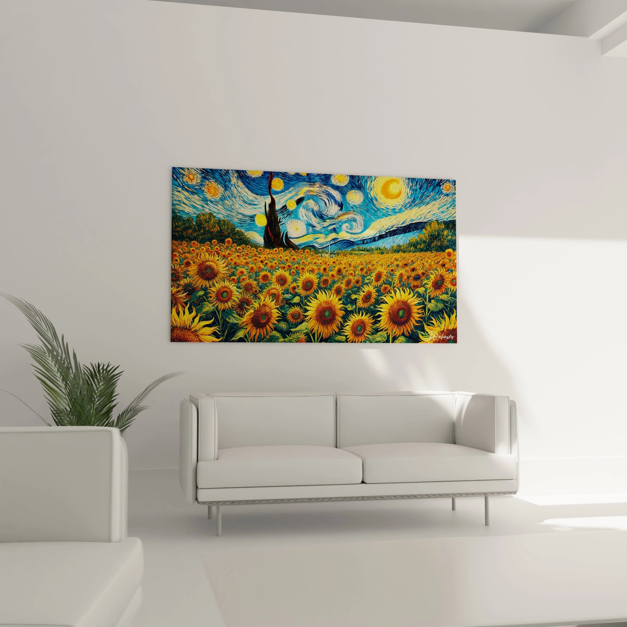 Un tableau Vincent Van Gogh illustrant un paysage de tournesols et un ciel étoilé, utilisant des teintes jaunes, vertes et bleues, avec des effets texturés et des formes dynamiques.