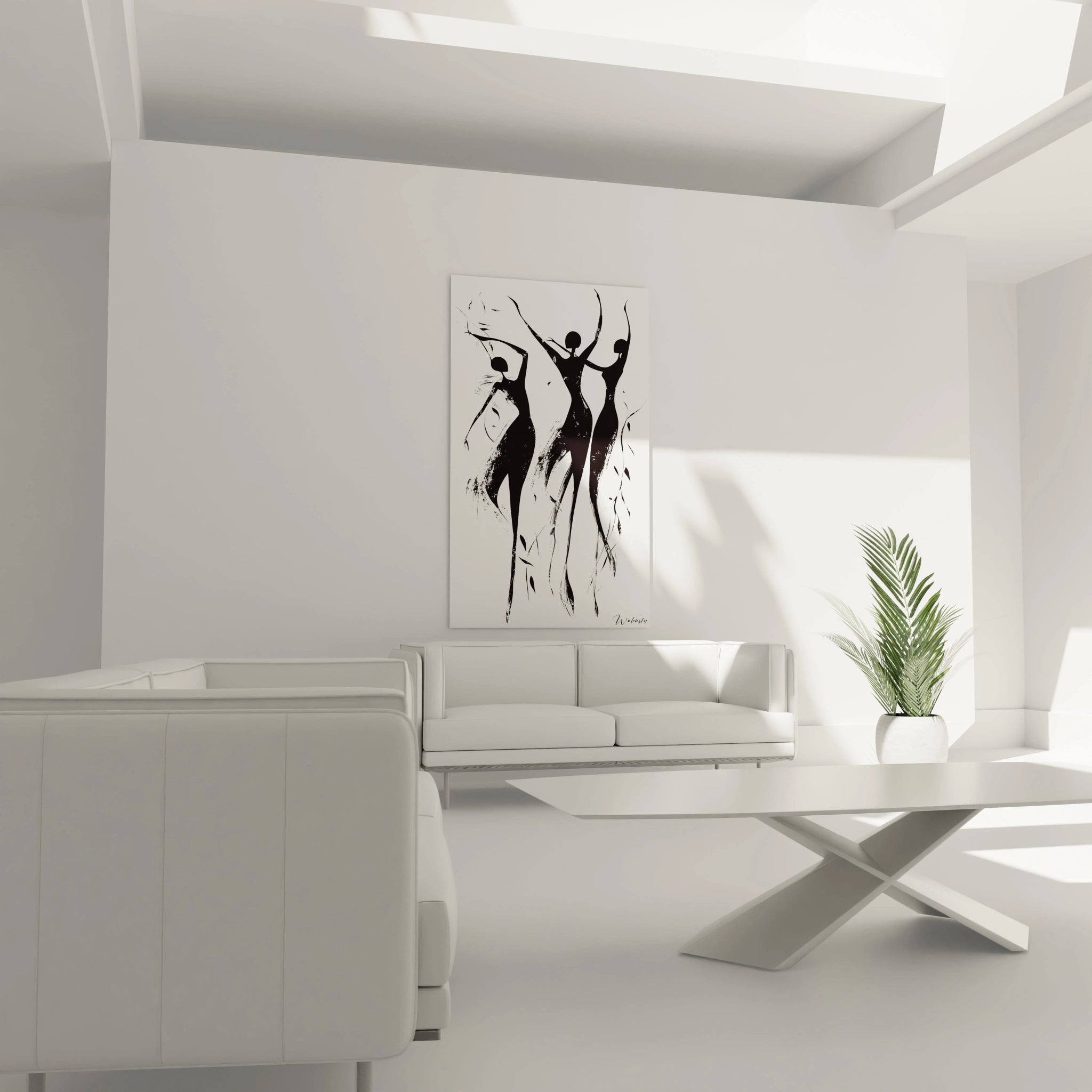 Un tableau Peter Paul Rubens mettant en scène trois personnages stylisés aux contours fins et effacés, avec des motifs noirs dynamiques s’intégrant à un fond blanc dépourvu de détails.