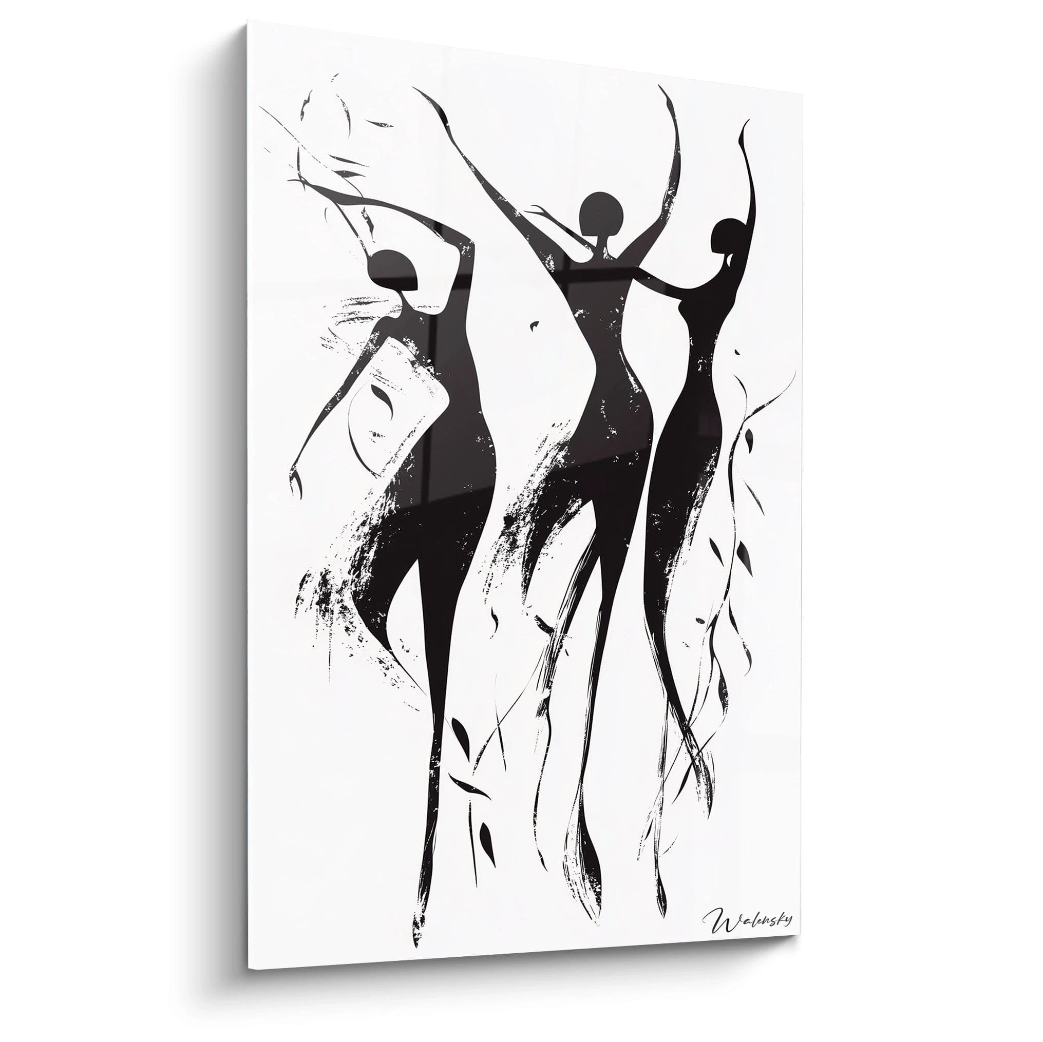 Un tableau Peter Paul Rubens représentant trois silhouettes élancées en noir sur fond blanc, aux formes allongées et fluides, avec des traits irréguliers et des touches de textures effacées.