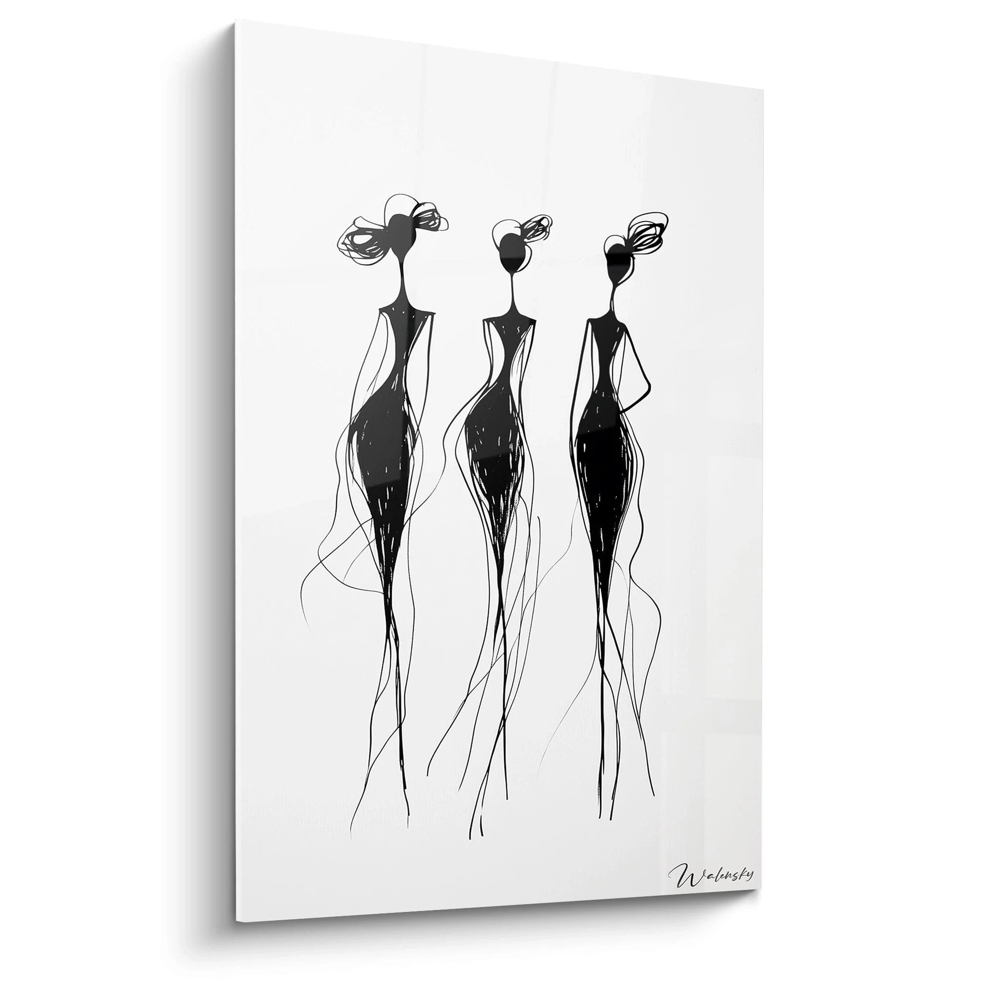 Un tableau Peter Paul Rubens représentant trois figures allongées en noir sur fond blanc, aux lignes courbes et dynamiques, avec des traits fins prolongés créant un effet de mouvement fluide.