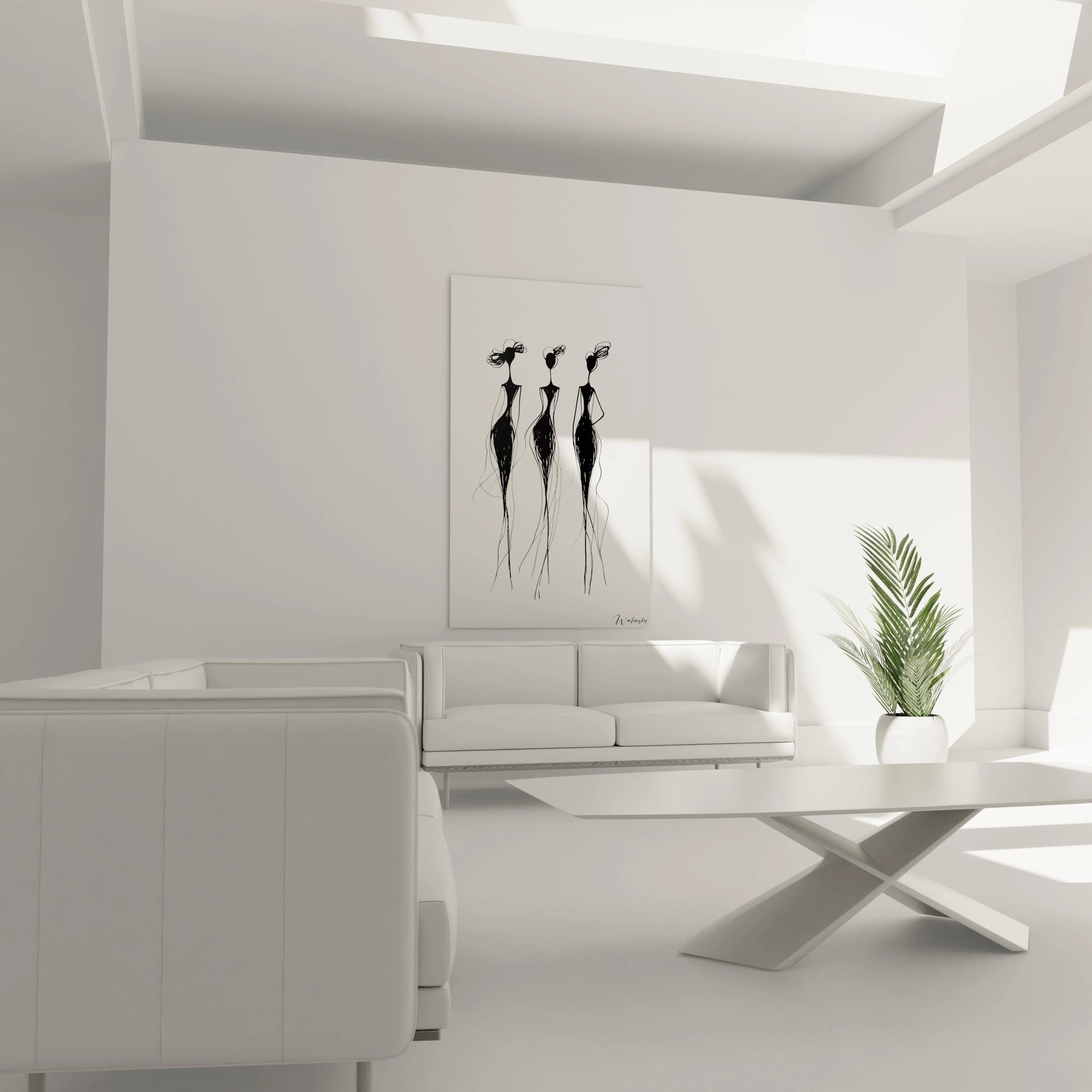 Un tableau Peter Paul Rubens mettant en scène trois personnages abstraits en noir, aux formes allongées et filaires, avec des coiffures stylisées et des lignes flottantes s’étendant sur un arrière-plan blanc uni.