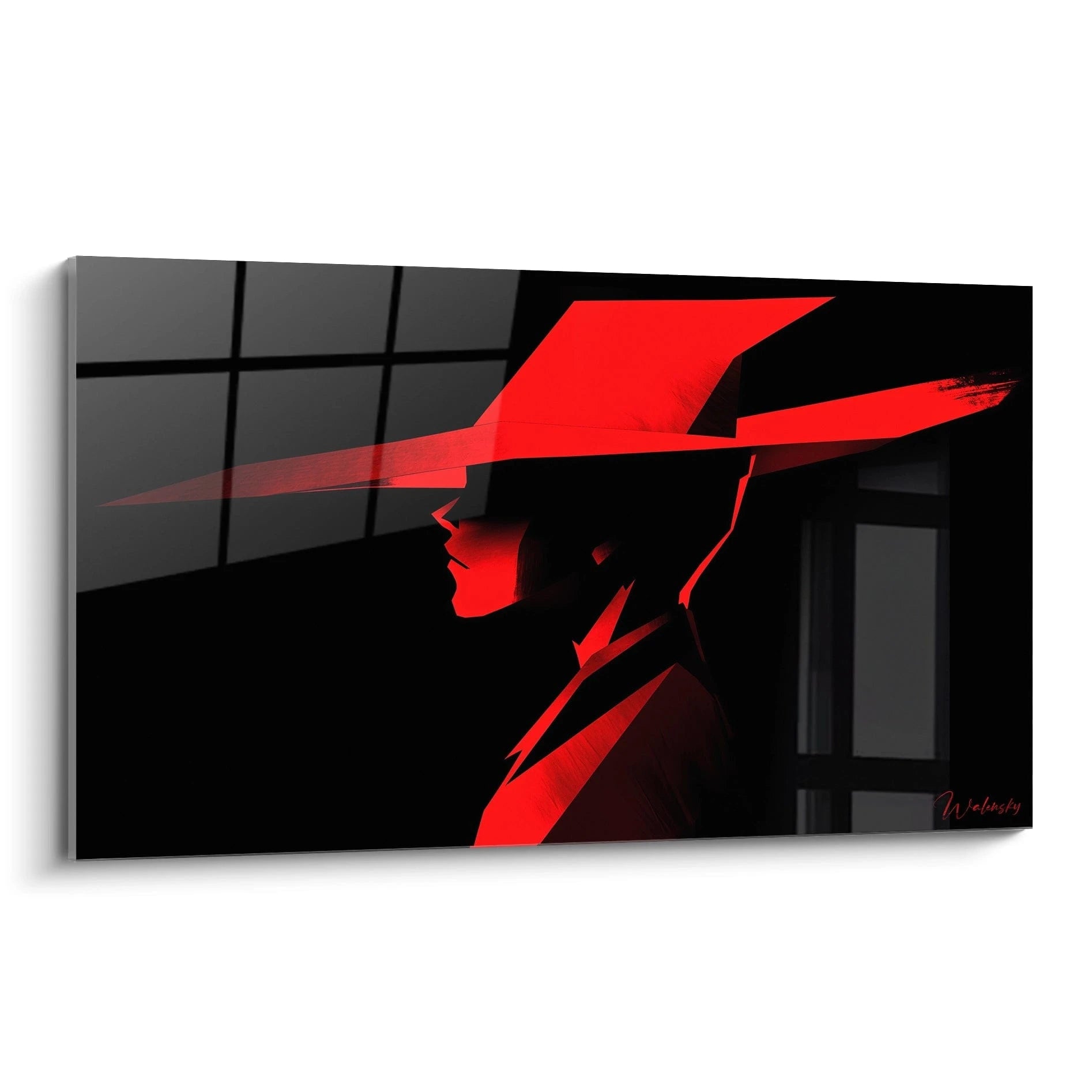 Un tableau Hieronymus Bosch représentant une silhouette anguleuse en rouge vif sur fond noir, avec des ombres marquées et un chapeau large aux lignes tranchantes, créant un fort contraste visuel.