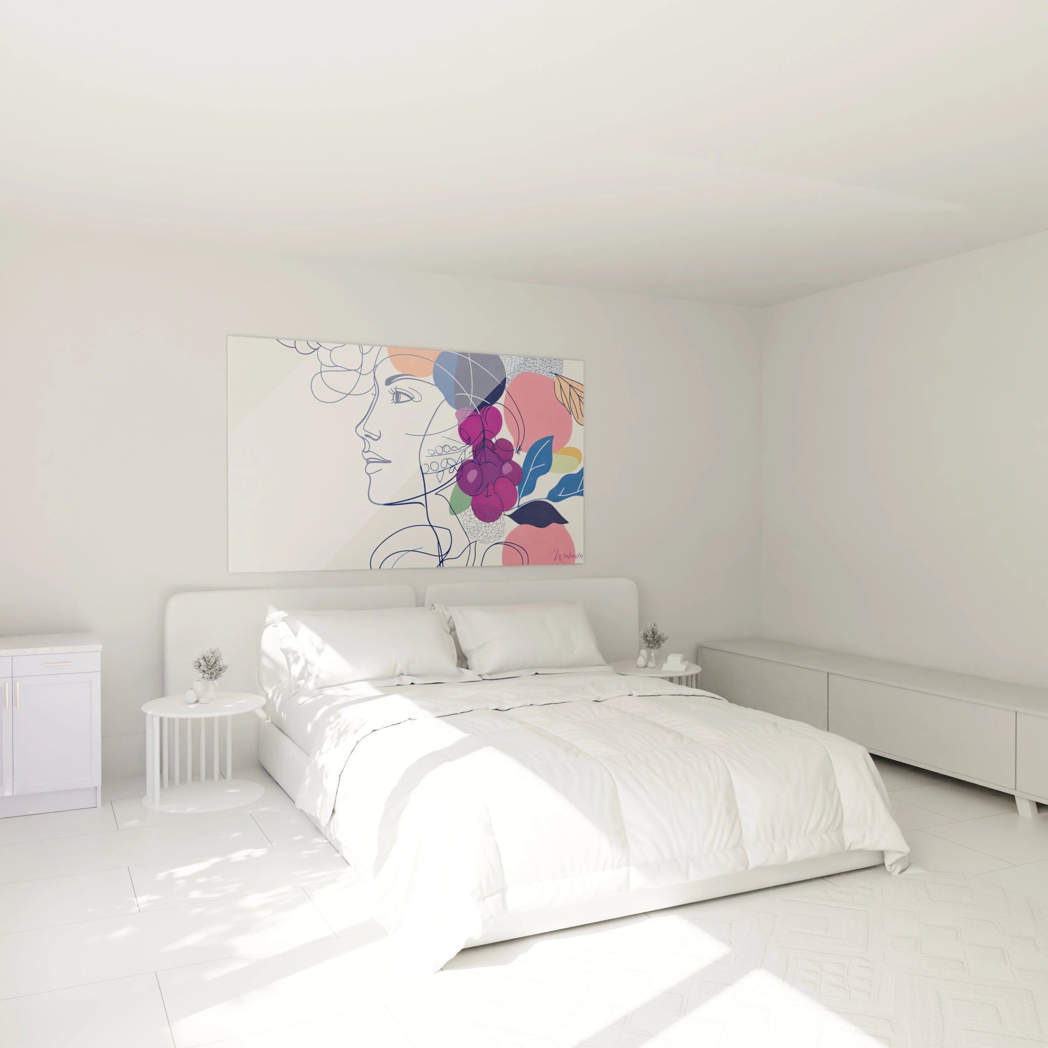 Un tableau Giuseppe Arcimboldo illustrant un visage stylisé en bleu marine, combiné à des formes de fruits et de feuilles en rose, orange et violet, avec des tracés fluides et des zones colorées contrastées.