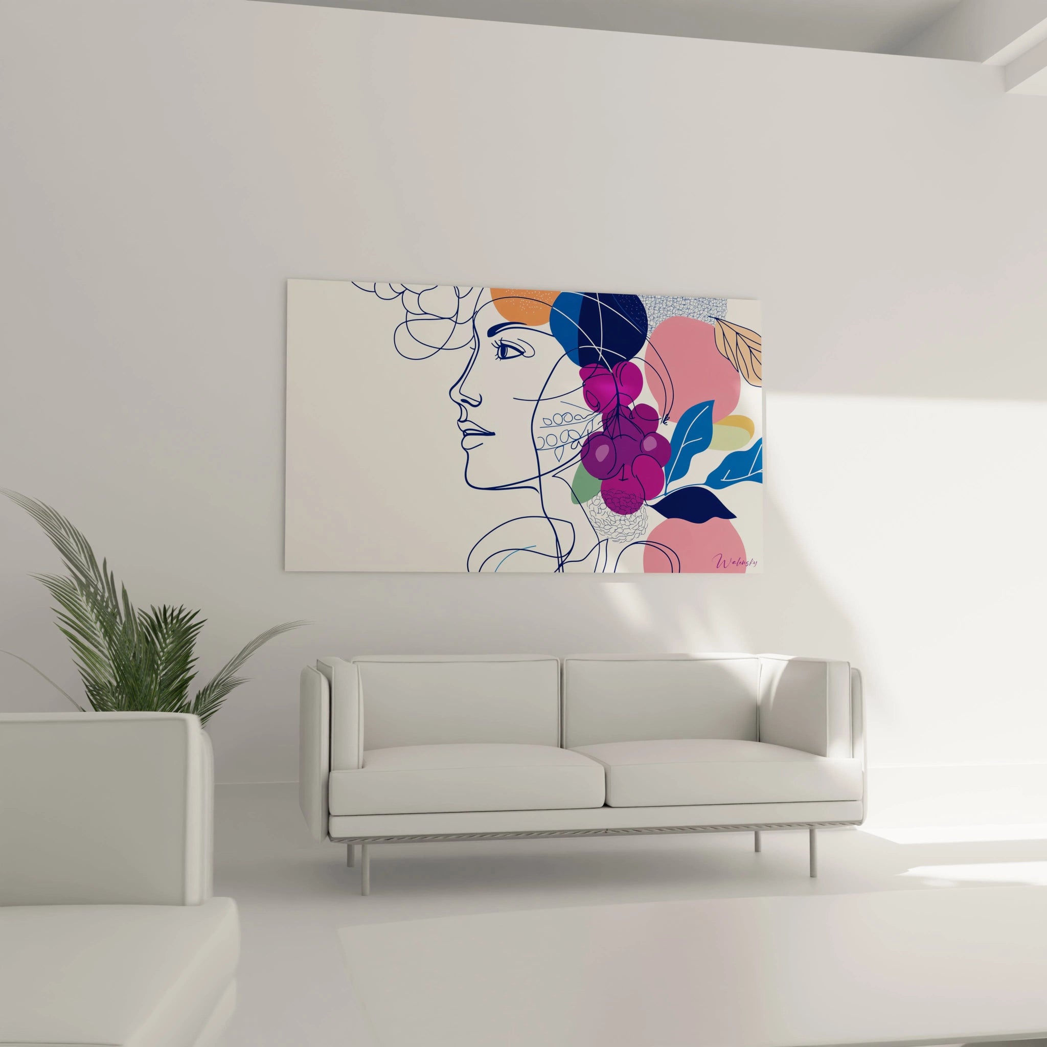 Un tableau Giuseppe Arcimboldo mettant en scĂšne un portrait abstrait aux lignes Ă©purĂ©es, oĂč des agrumes et des grappes de raisins en rose et violet sâintĂšgrent dans une composition Ă©quilibrĂ©e sur fond beige.