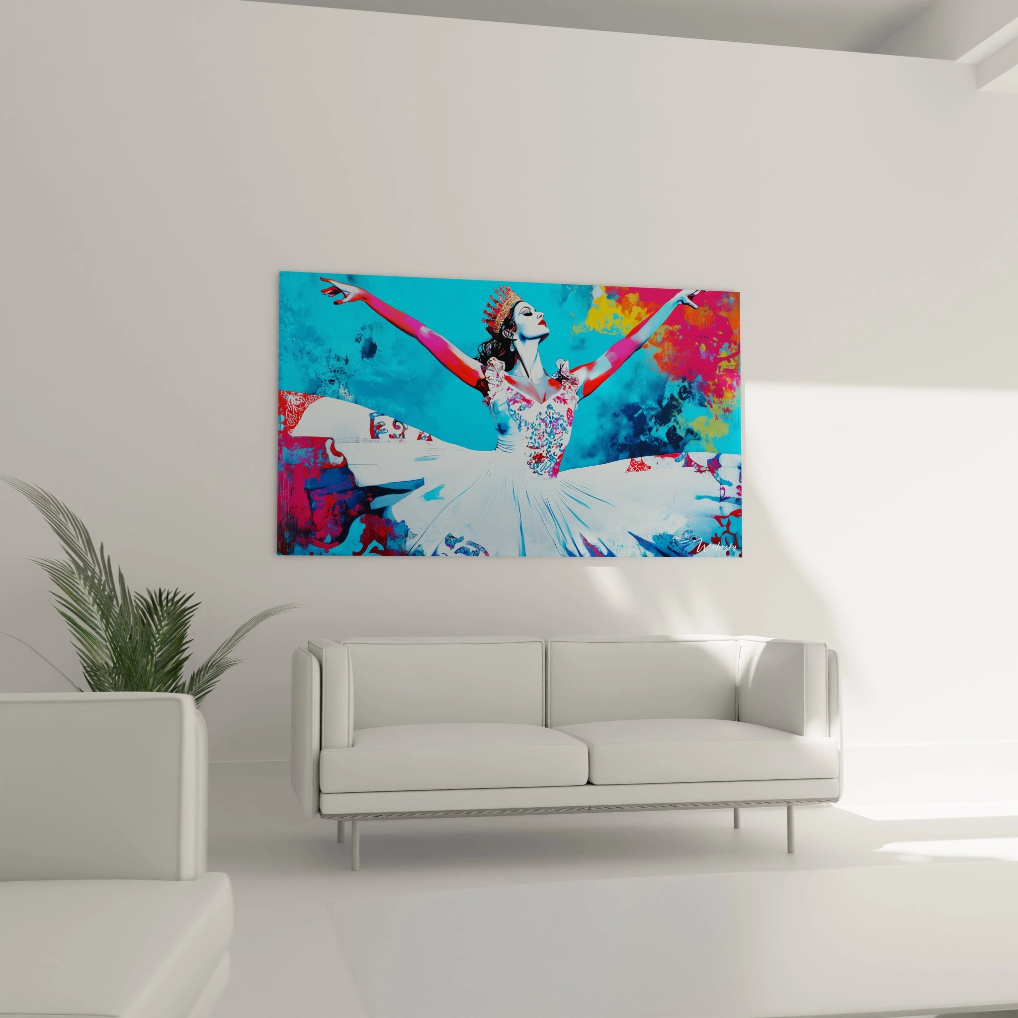 Un tableau Edgar Degas montrant une danseuse couronnée, bras levés, sur un fond bleu éclatant avec des contrastes de rouge vif. Des détails de textures fluides et des motifs floraux sont visibles sur la robe.