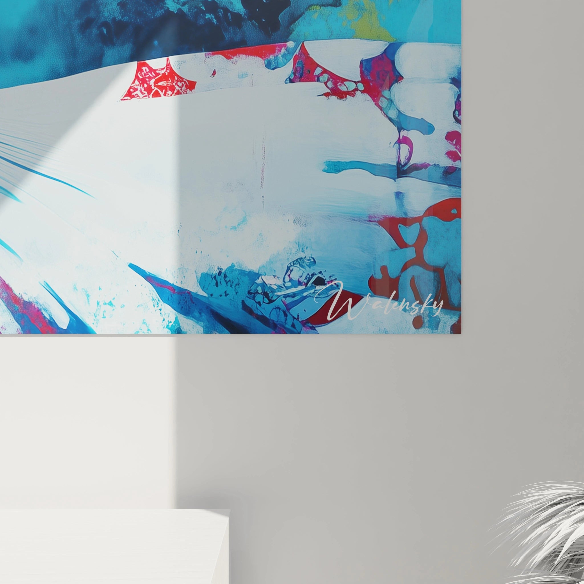 Détail d’un tableau Edgar Degas mettant en avant la danseuse avec des couleurs dominantes de bleu, rouge et blanc. Le contraste est accentué par des effets de peinture éclaboussée et des contours nets.