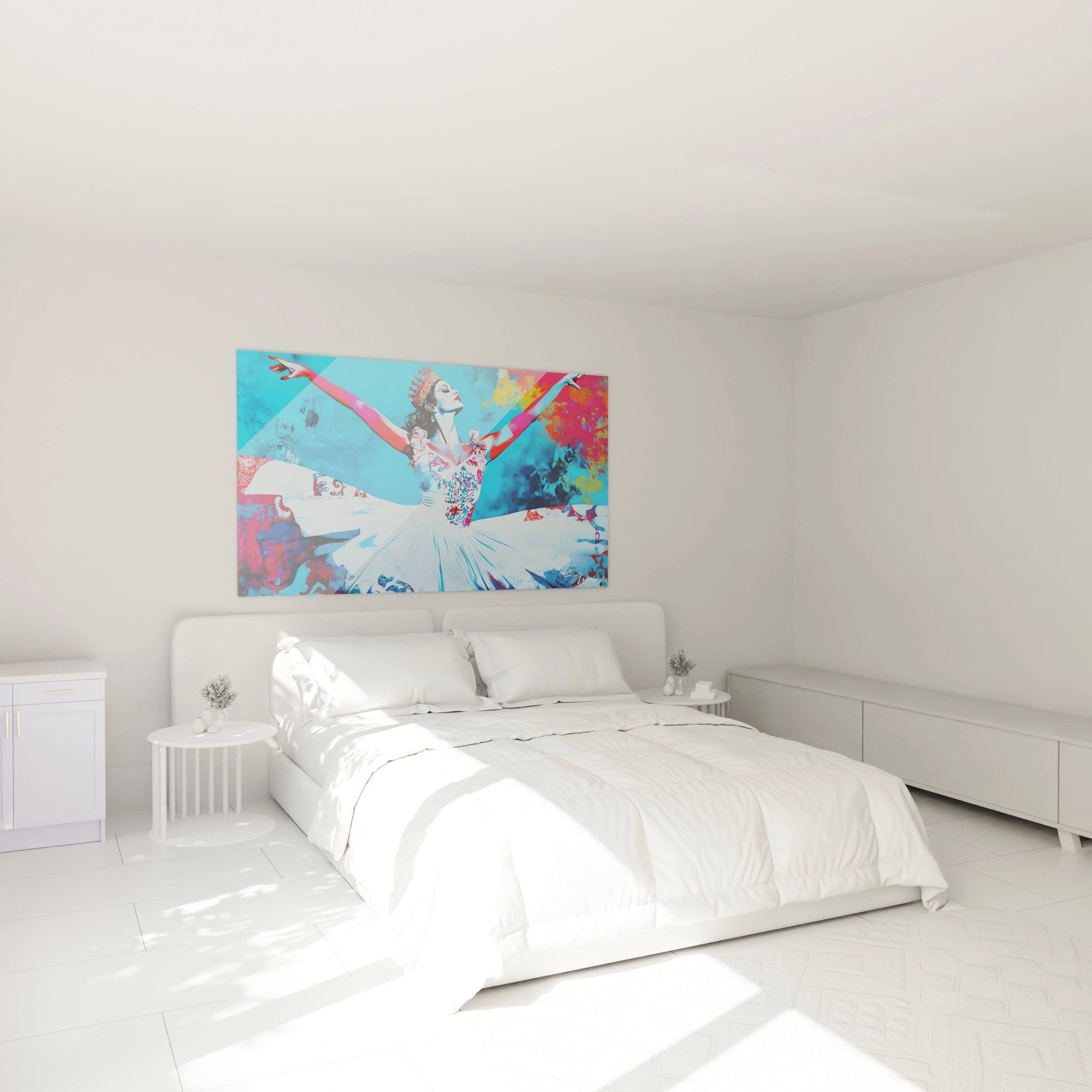 Tableau Edgar Degas illustrant une danseuse en mouvement, avec une robe blanche ornée de motifs rouges et bleus. Le fond présente des effets visuels de superpositions colorées et de textures éclatées.