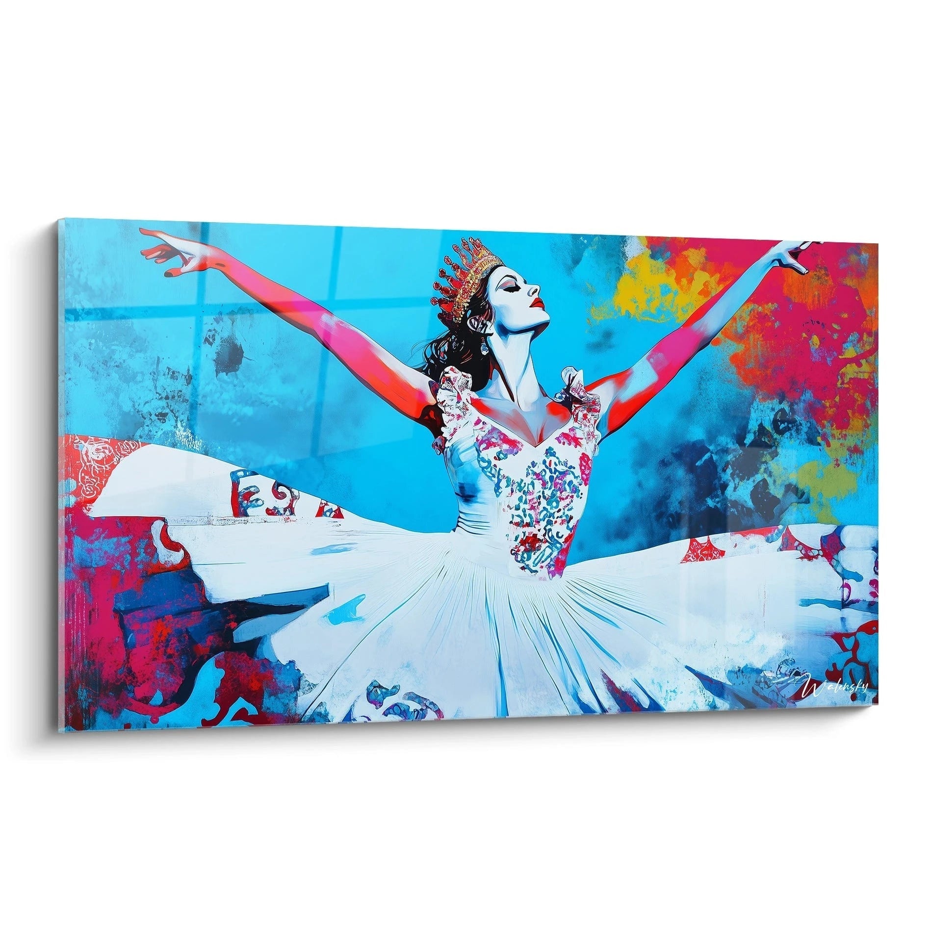 Un tableau Edgar Degas représentant une danseuse en tutu blanc, bras étendus, sur un fond bleu vif avec des touches de rouge, jaune et orange. Les textures incluent des éclaboussures colorées et des dégradés lisses.