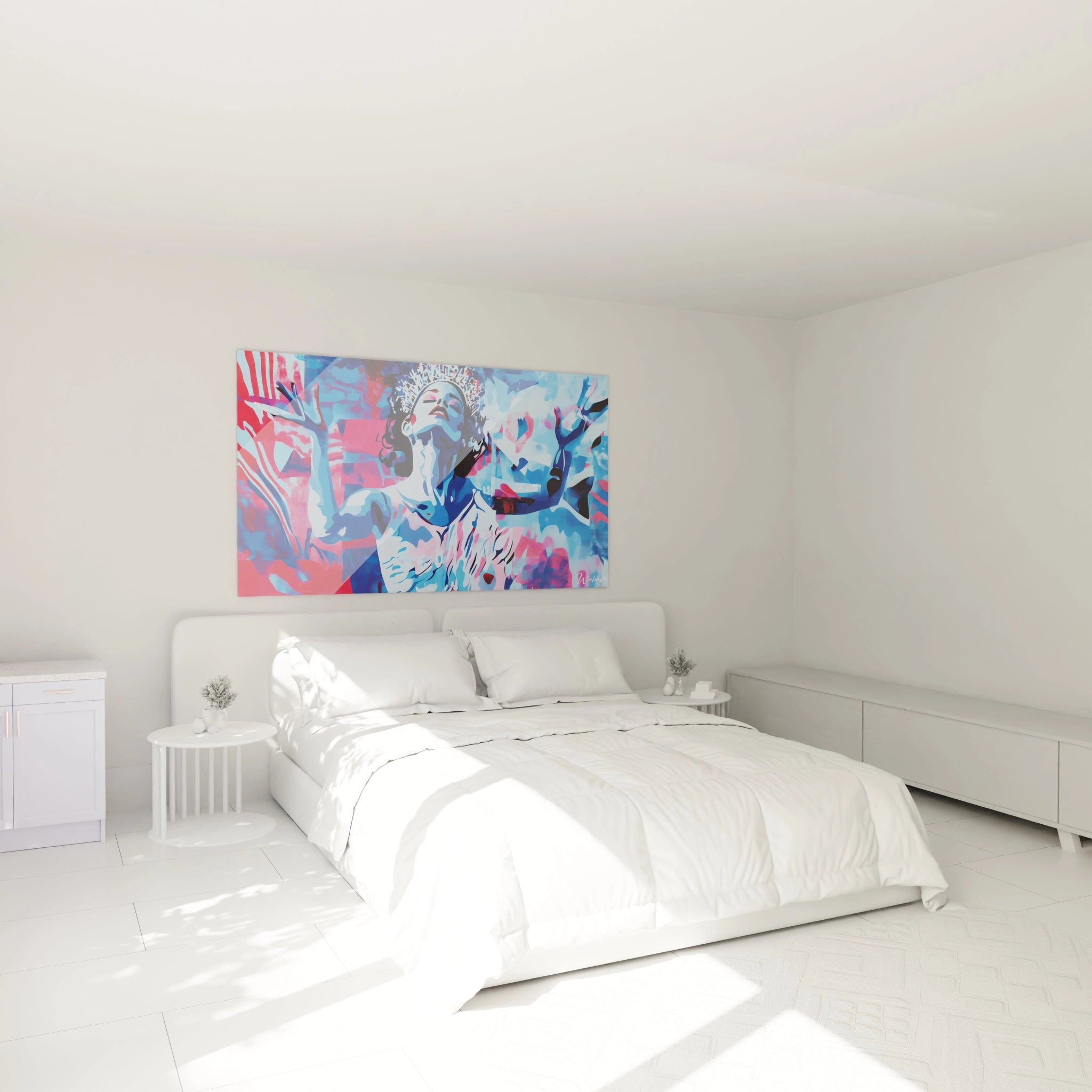 Un tableau Edgar Degas montrant une femme de face, tête inclinée en arrière, sur un fond aux couleurs dominantes bleu clair et rouge, avec des effets de peinture en aplats et des motifs texturés.