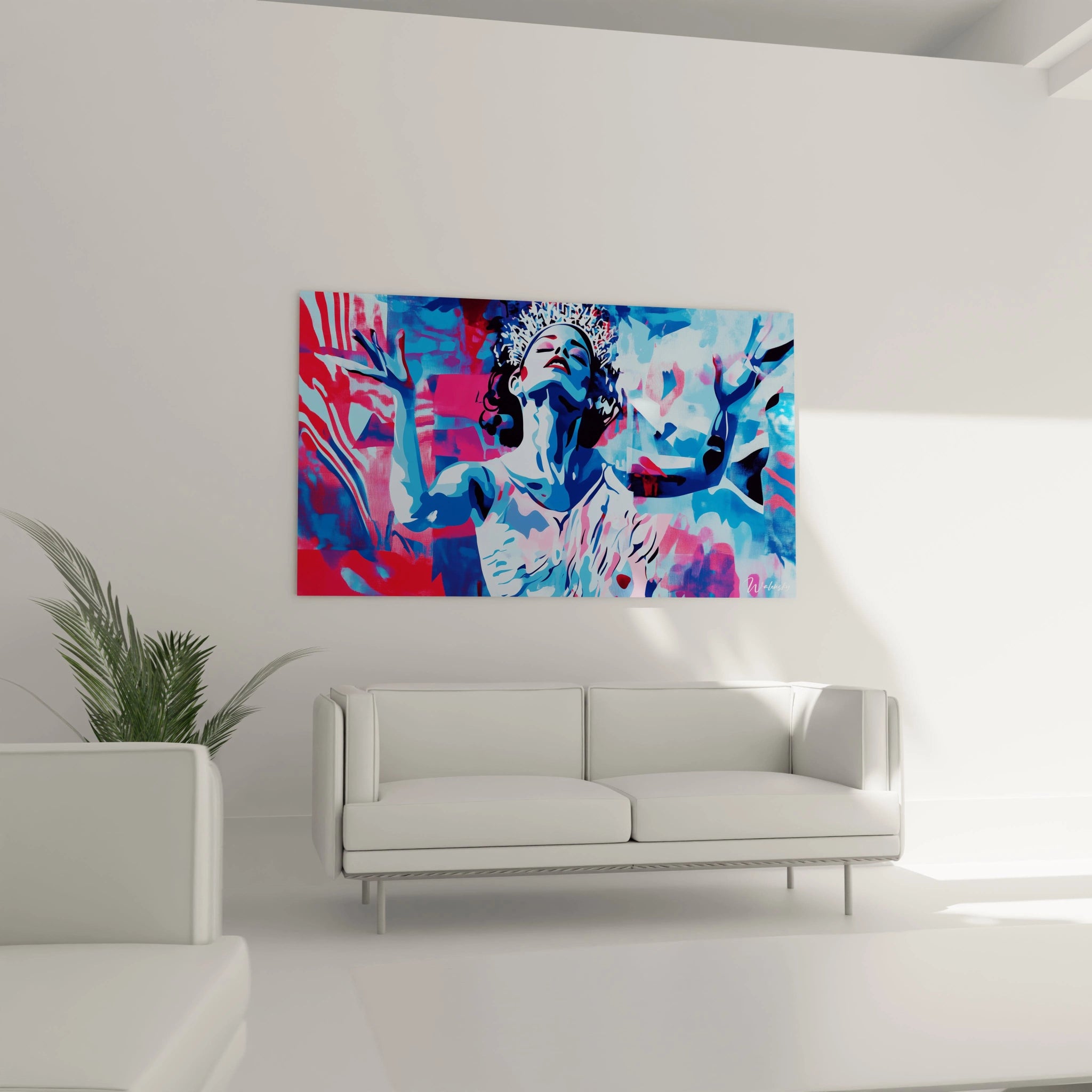 Un tableau Edgar Degas illustrant une silhouette féminine en posture expressive, entourée de formes abstraites rouges et bleues, avec des contrastes marqués entre zones lisses et textures granuleuses.