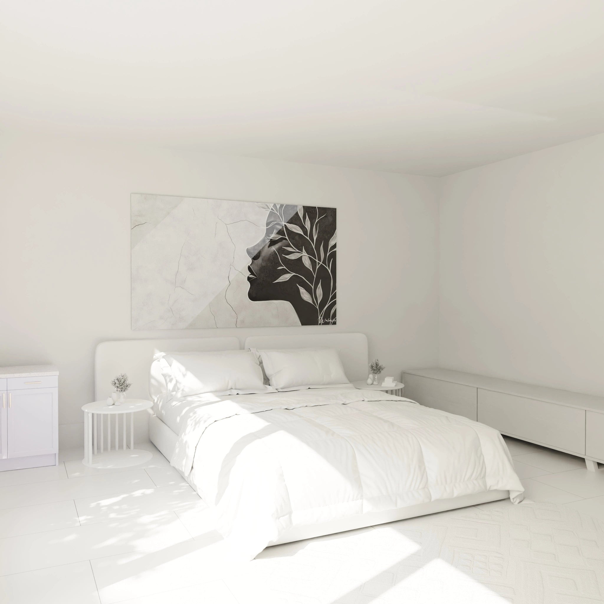 Un tableau Giuseppe Arcimboldo illustrant un visage sombre en profil, entouré de fines branches blanches sur un fond gris craquelé, avec un effet visuel combinant textures lisses et motifs naturels.