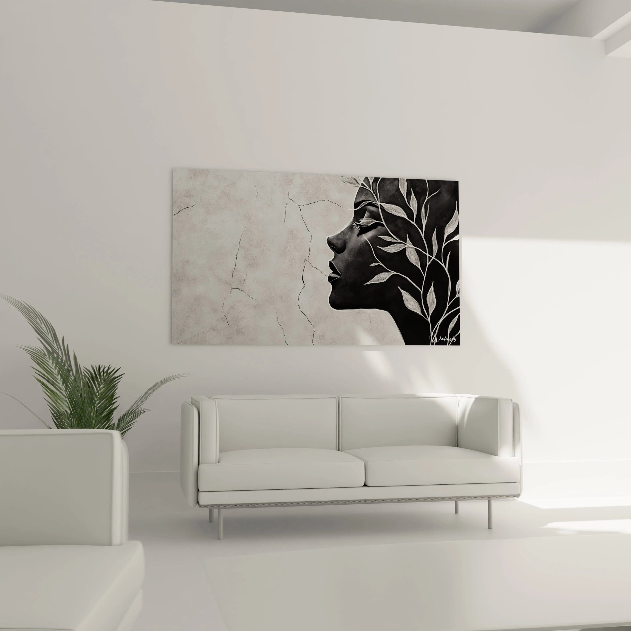 Un tableau Giuseppe Arcimboldo mettant en scÚne un visage noir stylisé fusionné avec des branches blanches, contrastant avec un fond gris marqué de fissures et de nuances texturées.