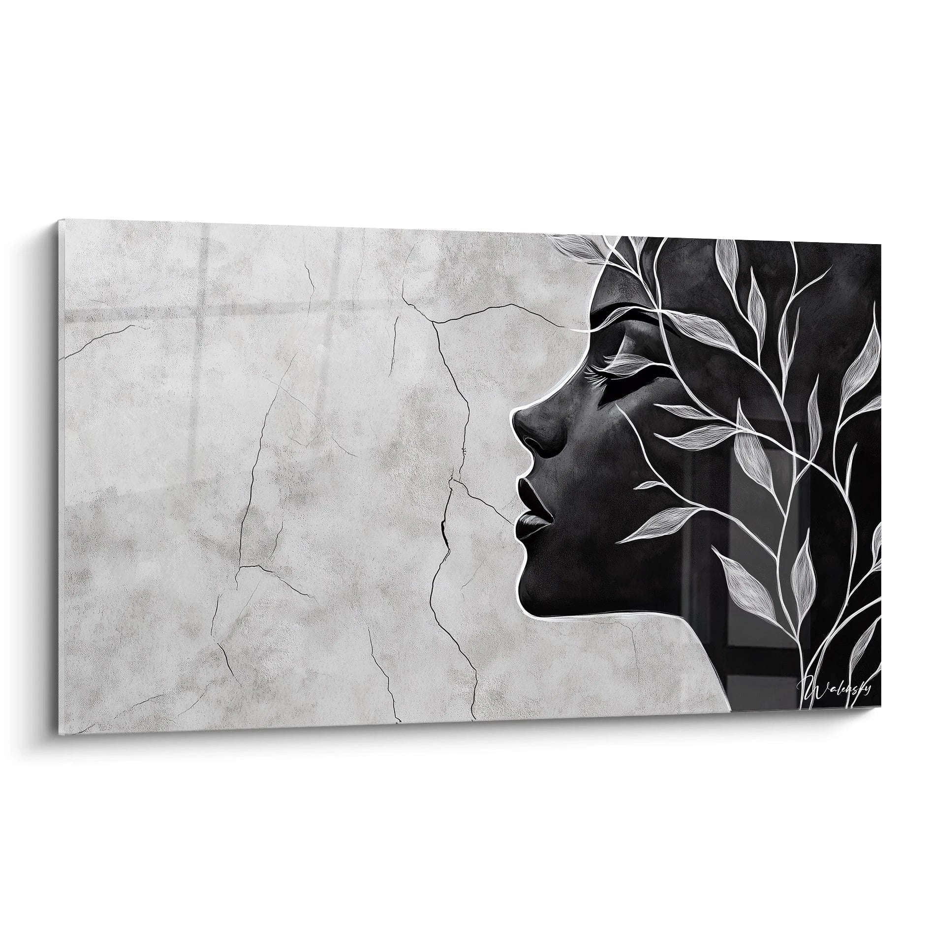 Un tableau Giuseppe Arcimboldo reprĂ©sentant un profil noir sur fond gris texturĂ©, avec des fissures et des branches blanches dĂ©taillĂ©es sâĂ©tendant Ă partir du visage, crĂ©ant un contraste marquĂ©.