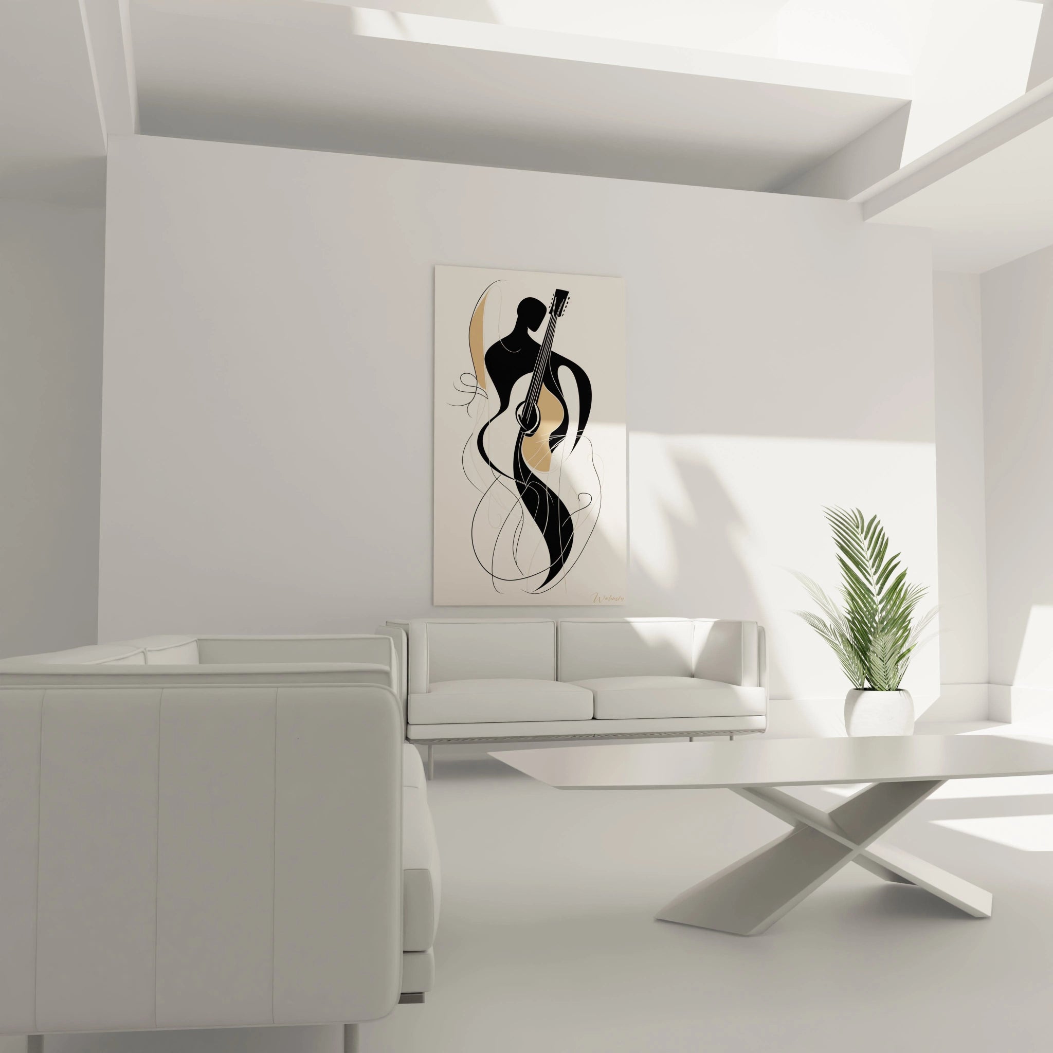 Un tableau Georges Braque mettant en scène une figure abstraite jouant de la guitare, composée de formes organiques noires et beiges, accompagnées de lignes fines ondulantes sur un arrière-plan clair.