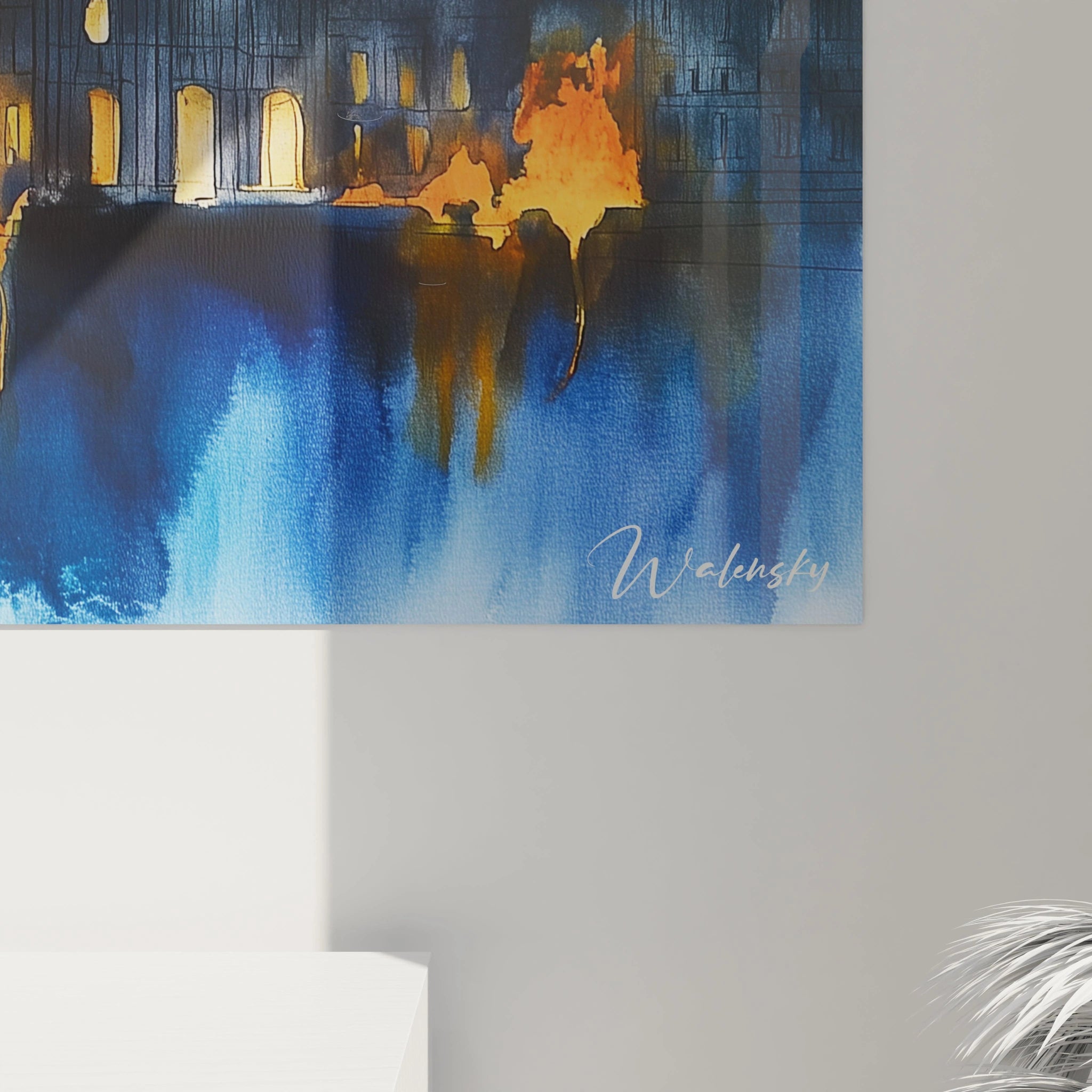 Un tableau J.M.W. Turner représentant un incendie, avec une architecture détruite en arriÚre-plan. Les teintes de bleu, orange et rouge dominent, avec des textures d'aquarelle créant un effet de mouvement.