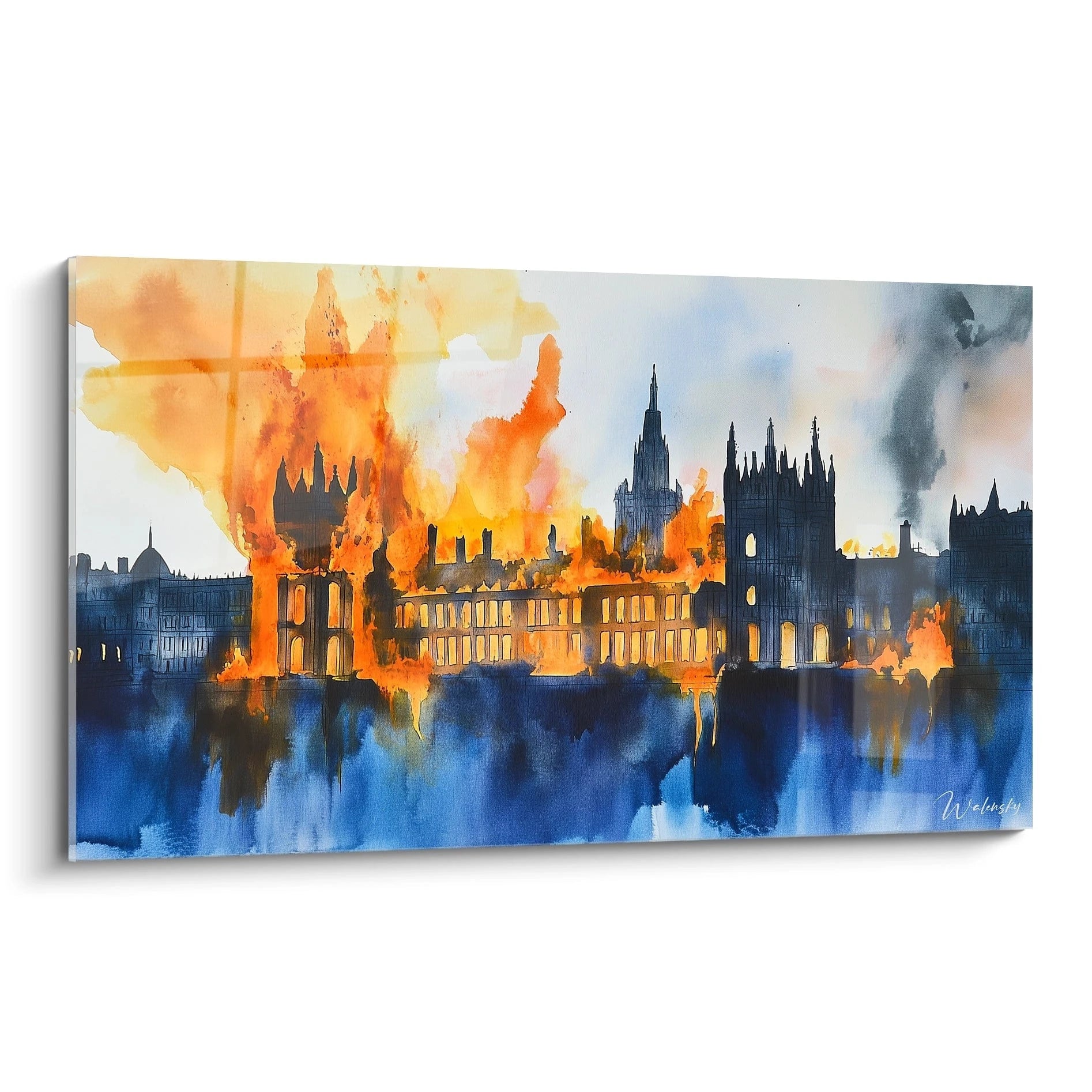 Un tableau J.M.W. Turner représentant un bùtiment en feu, avec des couleurs dominantes d'orange, rouge et bleu. Les textures sont fluides, avec des éclats de peinture et des effets de diffusion dans le feu.