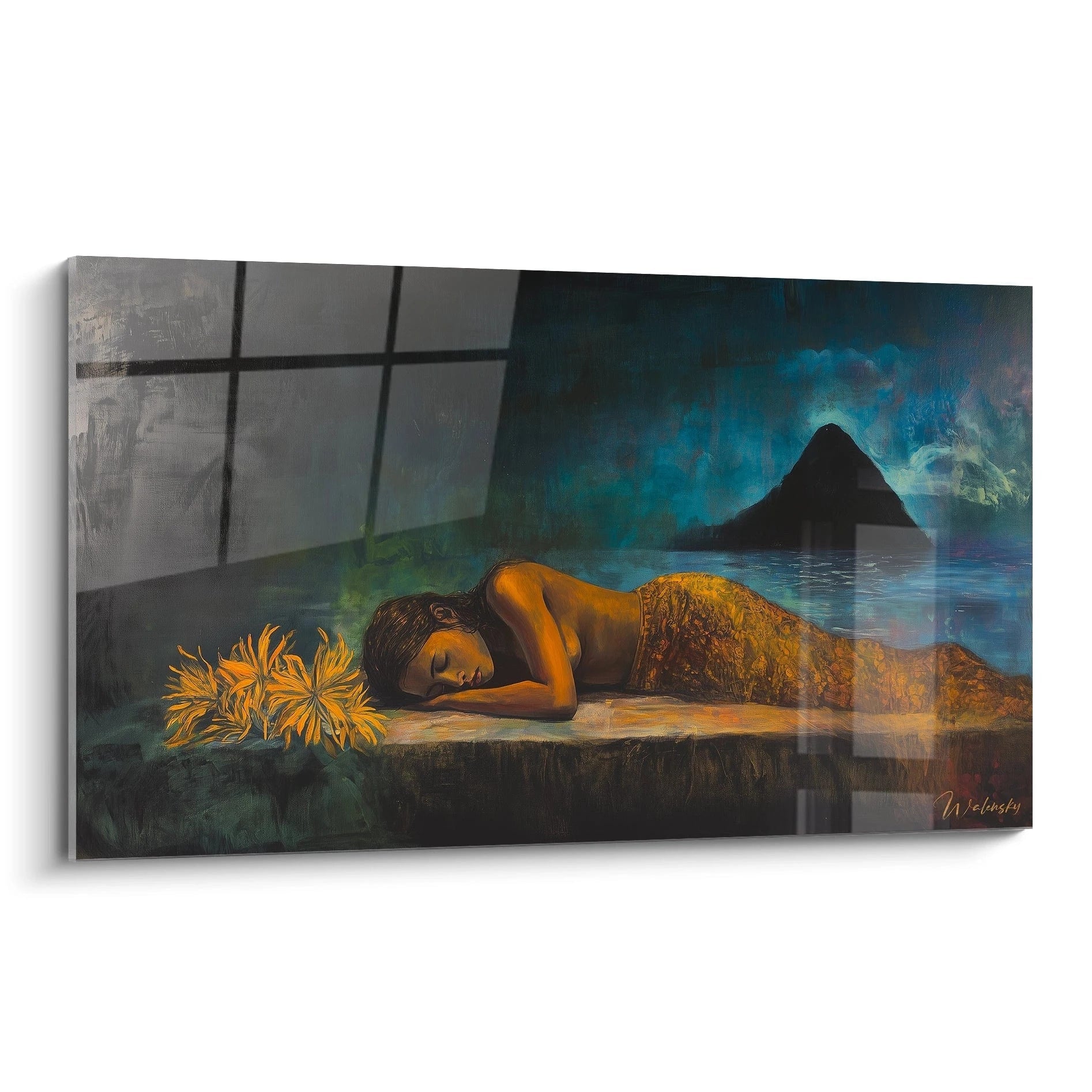 Un tableau Paul Gauguin représentant une femme endormie, avec des tons orangés, marins et noirs, des textures lisses et un arrière-plan sombre.