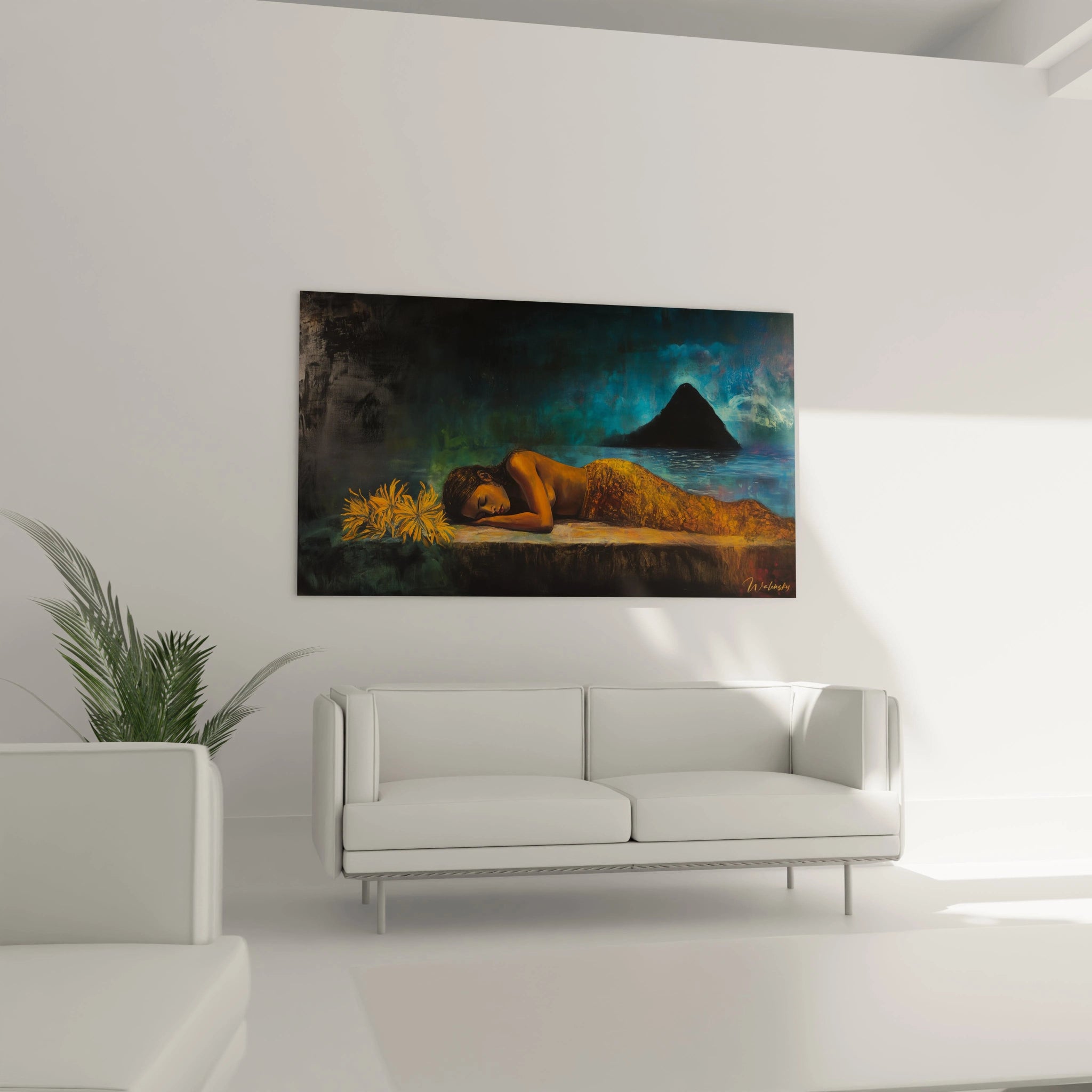 Un tableau Paul Gauguin montrant une scène nocturne avec une femme, une montagne sombre, des textures douces et des nuances d’orange, noir et bleu marine.