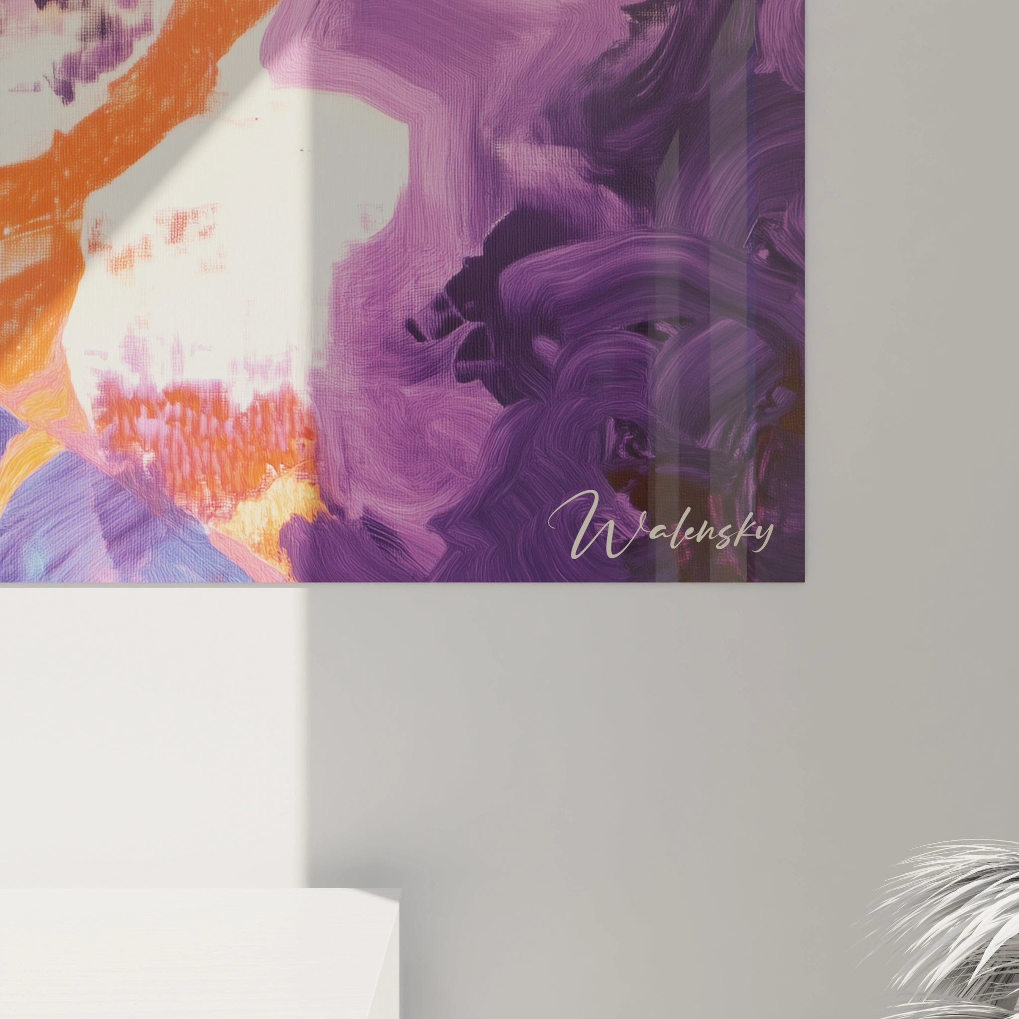 Un tableau Paul Gauguin abstrait combinant des formes stylisées, des teintes violettes et oranges, et des textures superposées avec des effets de mouvement dynamique.