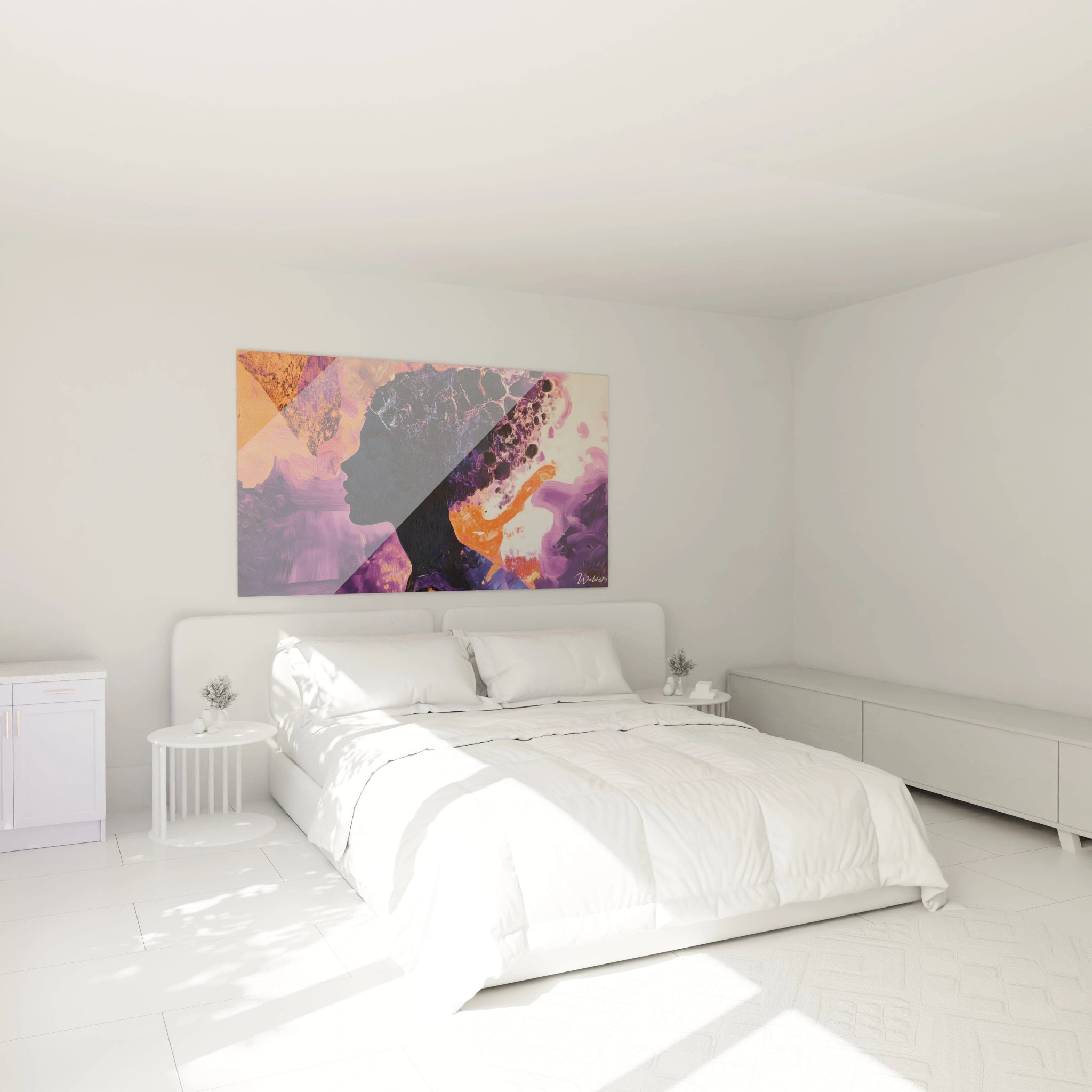 Un tableau Paul Gauguin centré sur un visage abstrait, utilisant des couleurs vives comme le violet et l'orange, avec des effets de contrastes et de reliefs texturés.