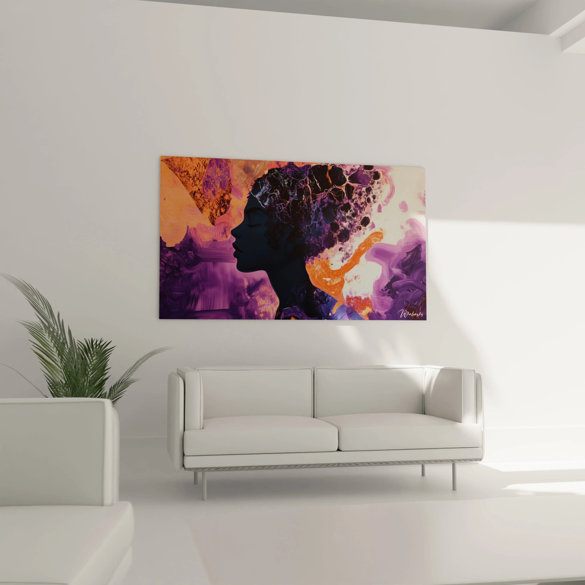 Un tableau Paul Gauguin illustrant un profil féminin abstrait, mêlant des teintes noires et orangées sur un fond texturé aux transitions fluides et éclats de couleur.