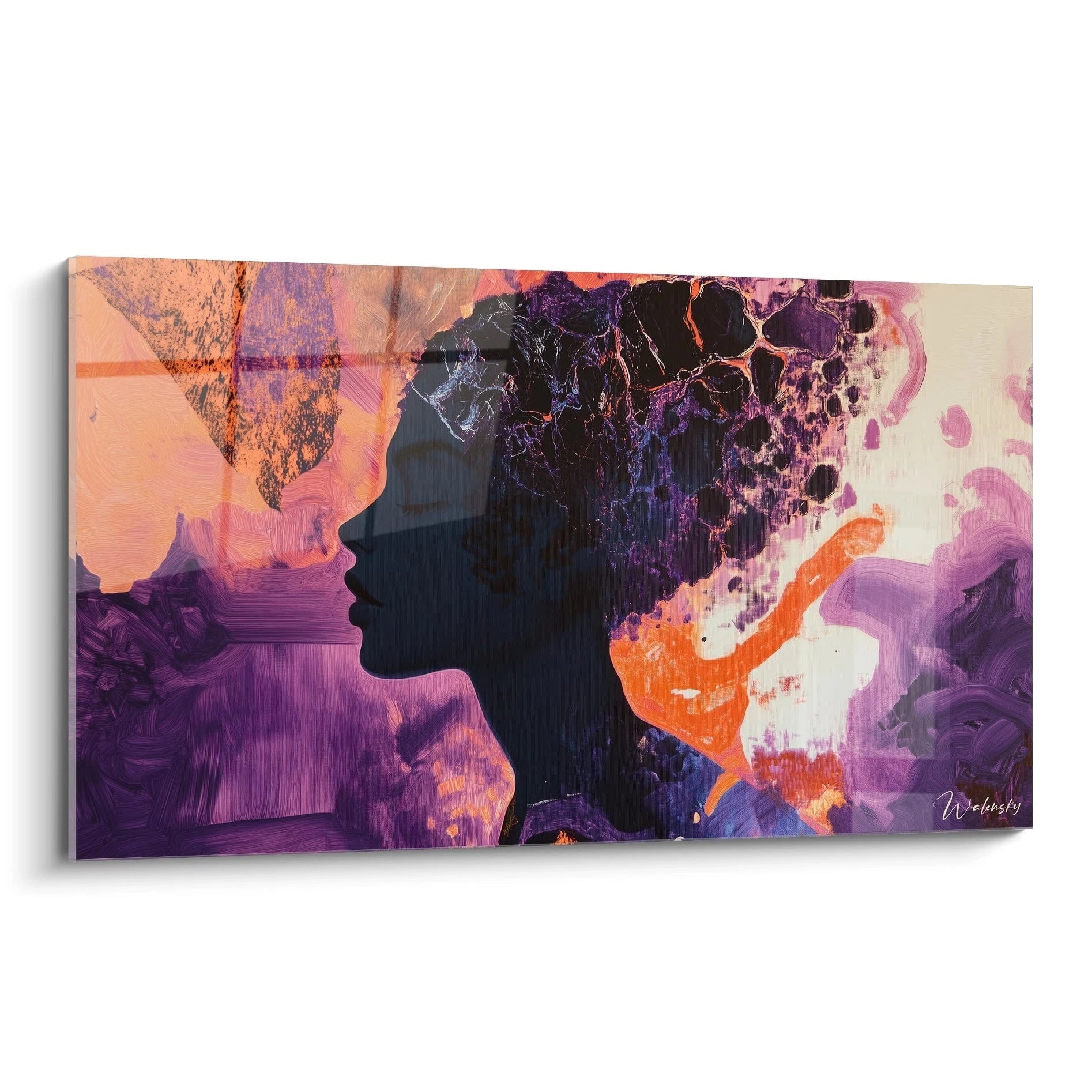 Un tableau Paul Gauguin abstrait représentant un profil féminin, avec des teintes dominantes violet, orange et noir, et des textures fluides et superposées.