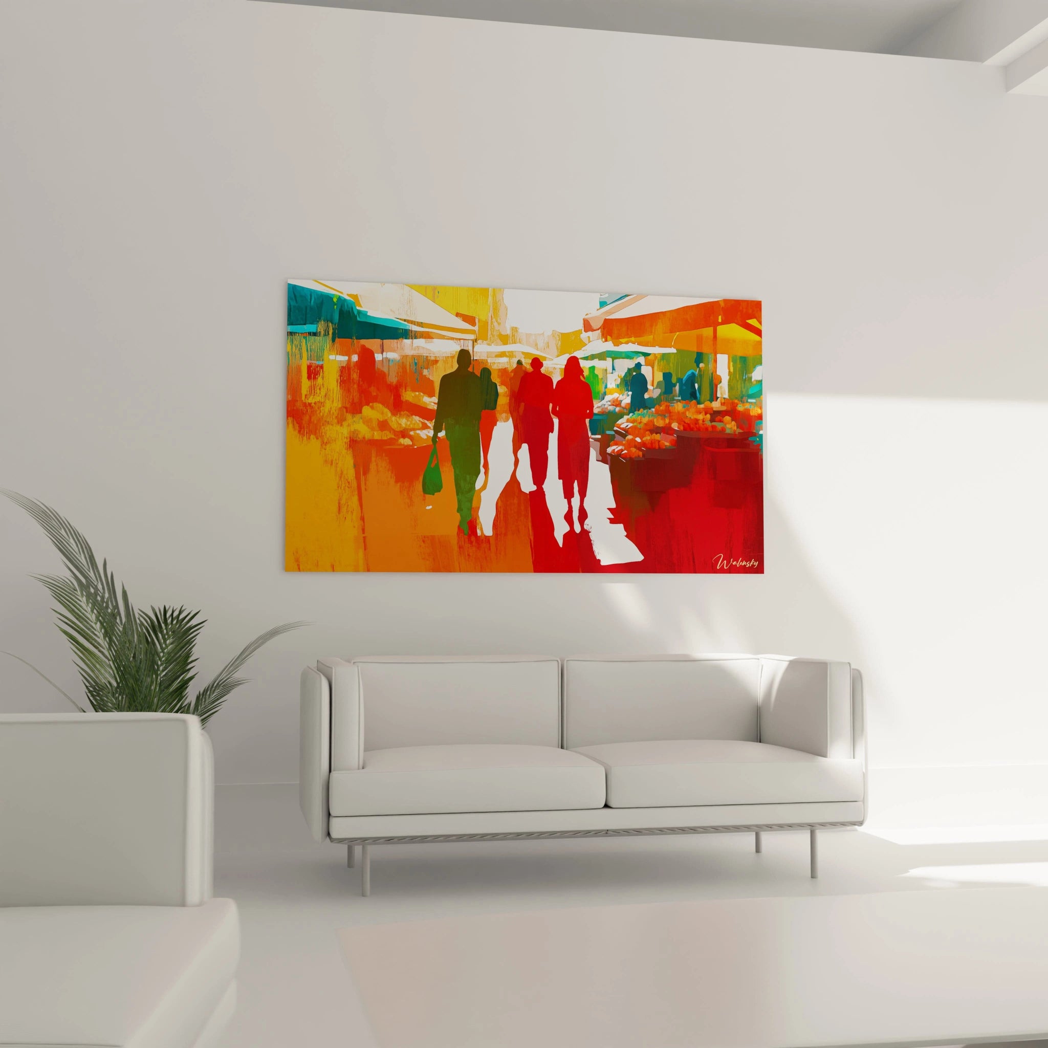 Un tableau Sonia Delaunay mettant en scène un marché animé, avec des formes humaines en aplat de couleurs, des contrastes marqués entre rouge, vert et orange, et des textures superposées créant une profondeur visuelle.