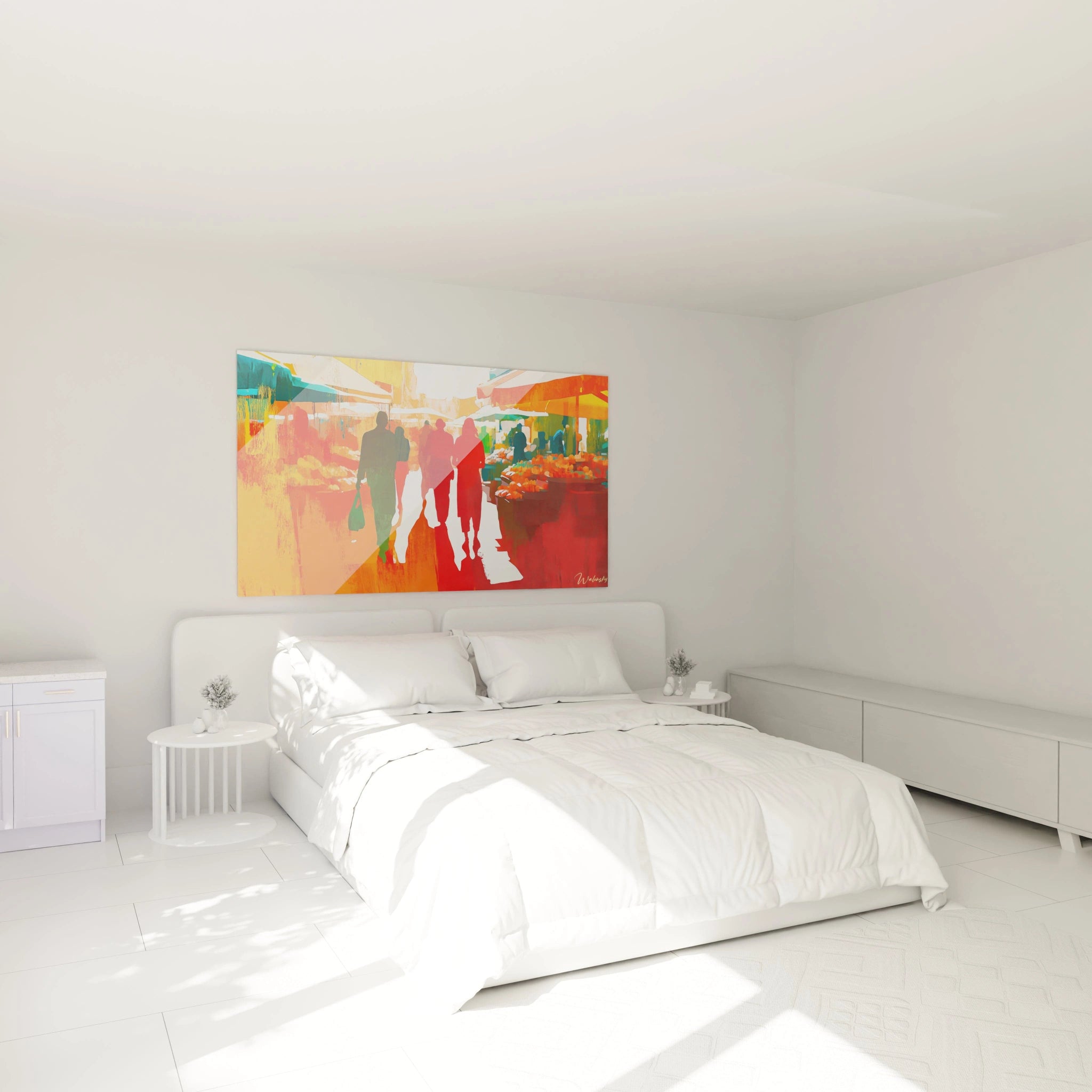 Un tableau Sonia Delaunay illustrant une scène urbaine avec des personnages en ombre colorée, un fond texturé aux tons chauds d’orange et rouge, et des lignes architecturales évoquant des étals de marché.