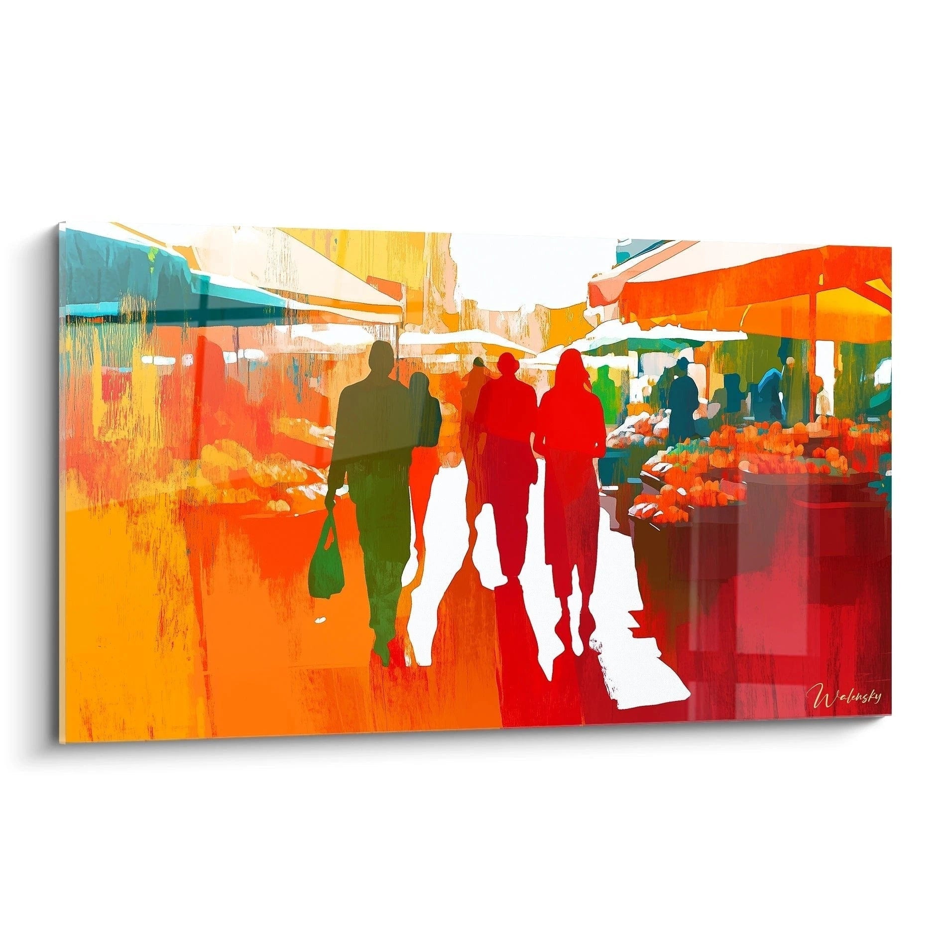 Un tableau Sonia Delaunay représentant des silhouettes humaines dans un marché, avec des teintes dominantes d’orange, rouge et vert, des textures fluides et des touches de peinture gestuelles en arrière-plan.